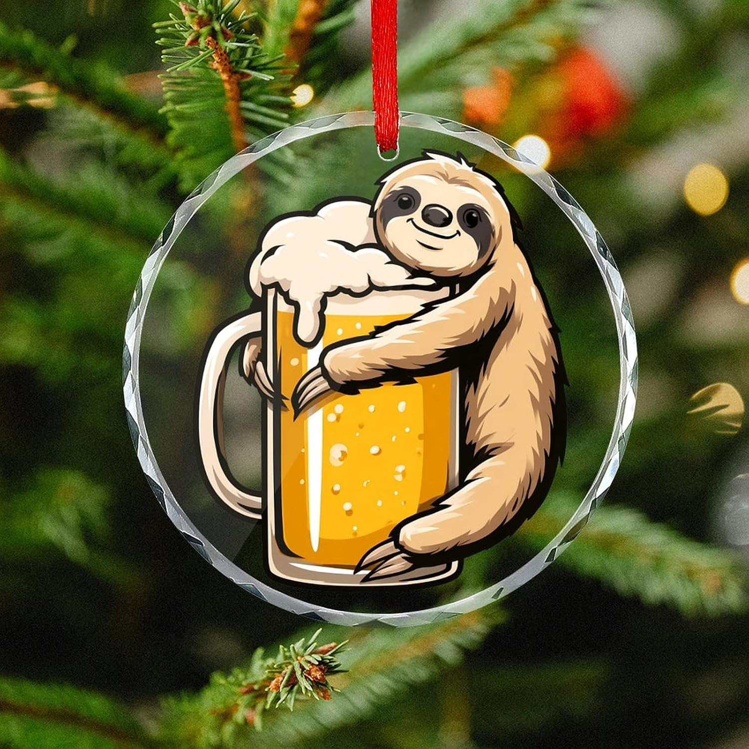 Cute Sloth Hugging Beer Mug Christmas Decor Round Hanging Drop Pendant