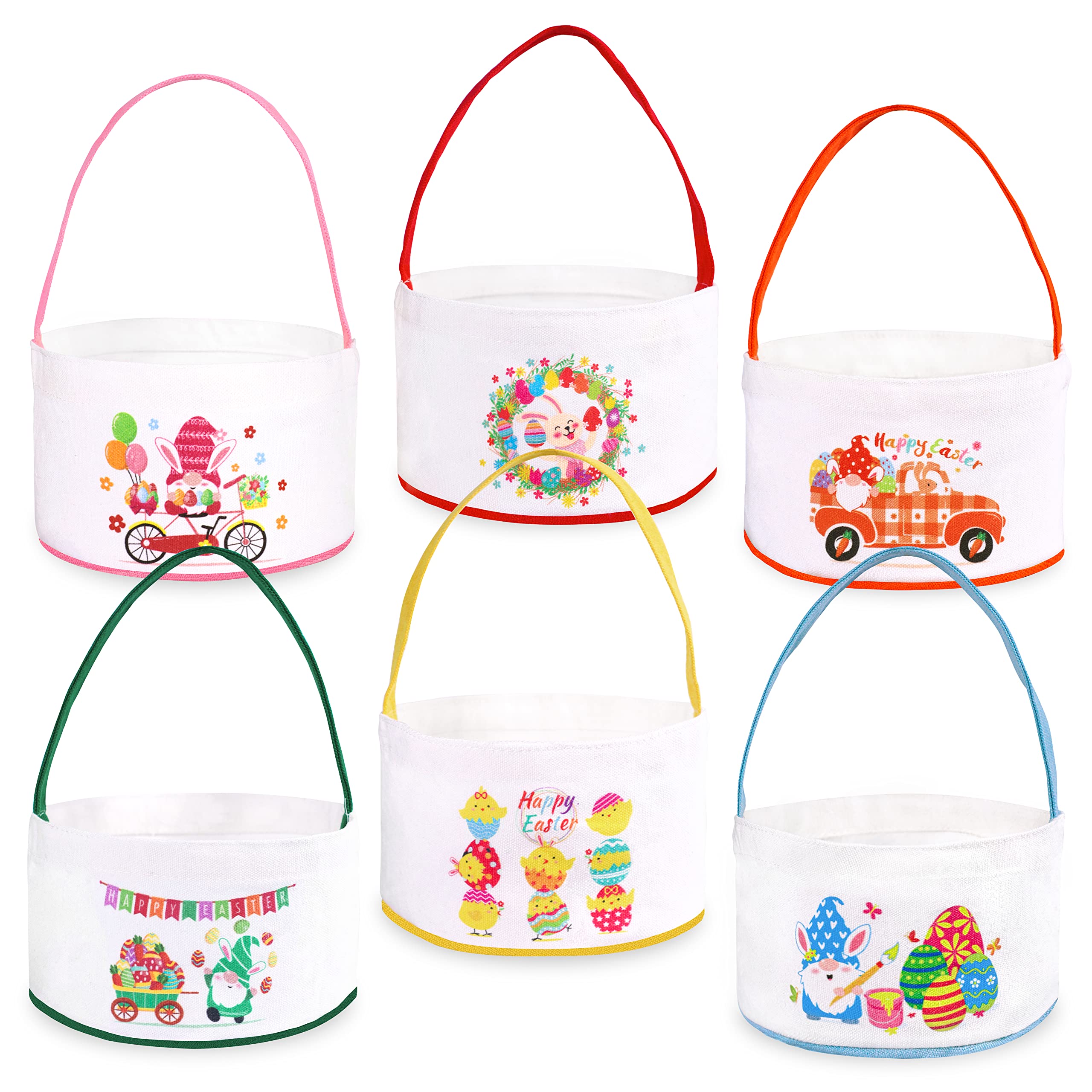 6PCS Small Easter Baskets Stuffers for Kids with Handle - Egg Hunt Canvas Buckets Basket Gift Party Supplies Boys Girls 7x10Inches
