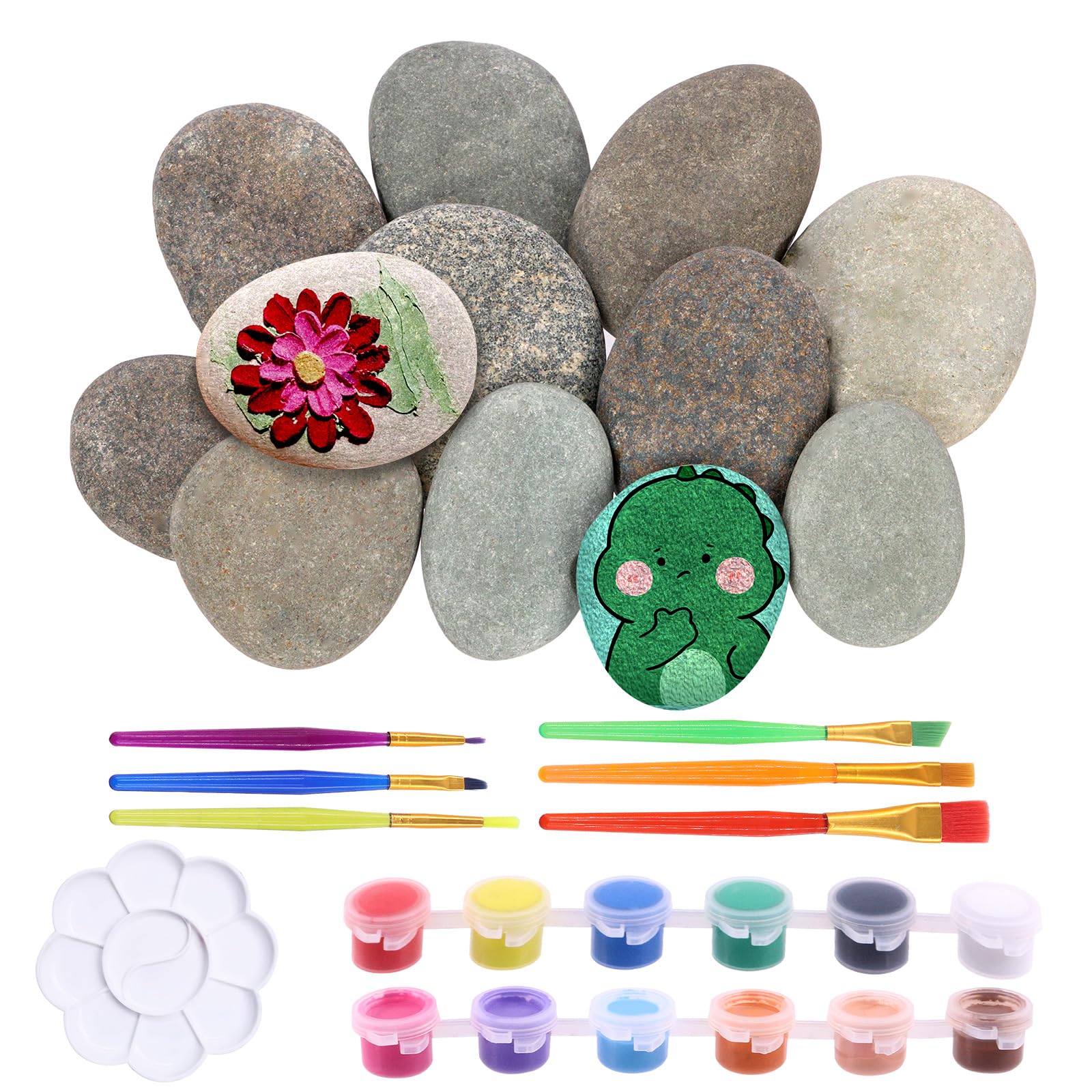Keadic34Pcs Rock Painting Kit Includes 2-3 Inch Flat Smooth Painting Stones, Paintbrushes, Paint Strips and Paint Tray, Natural River Rocks Set for Classrooms Schools Paintings Art Festivals