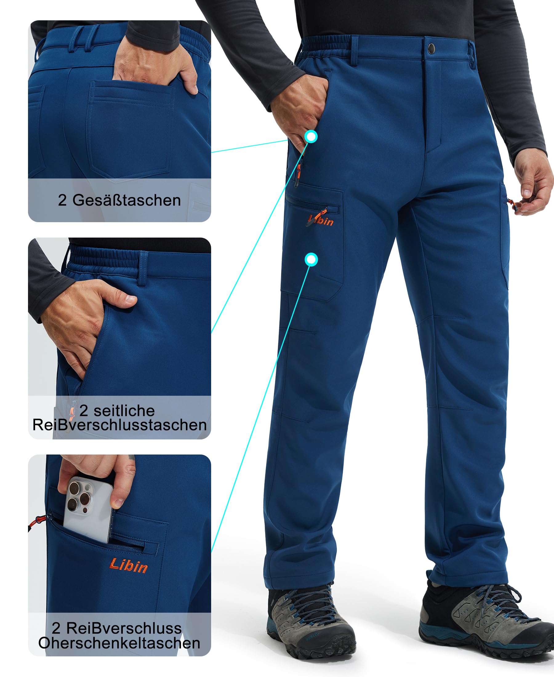 Libin Thermohose Herren Skihose Wanderhose Softshellhose Schiefer Blau 3XL