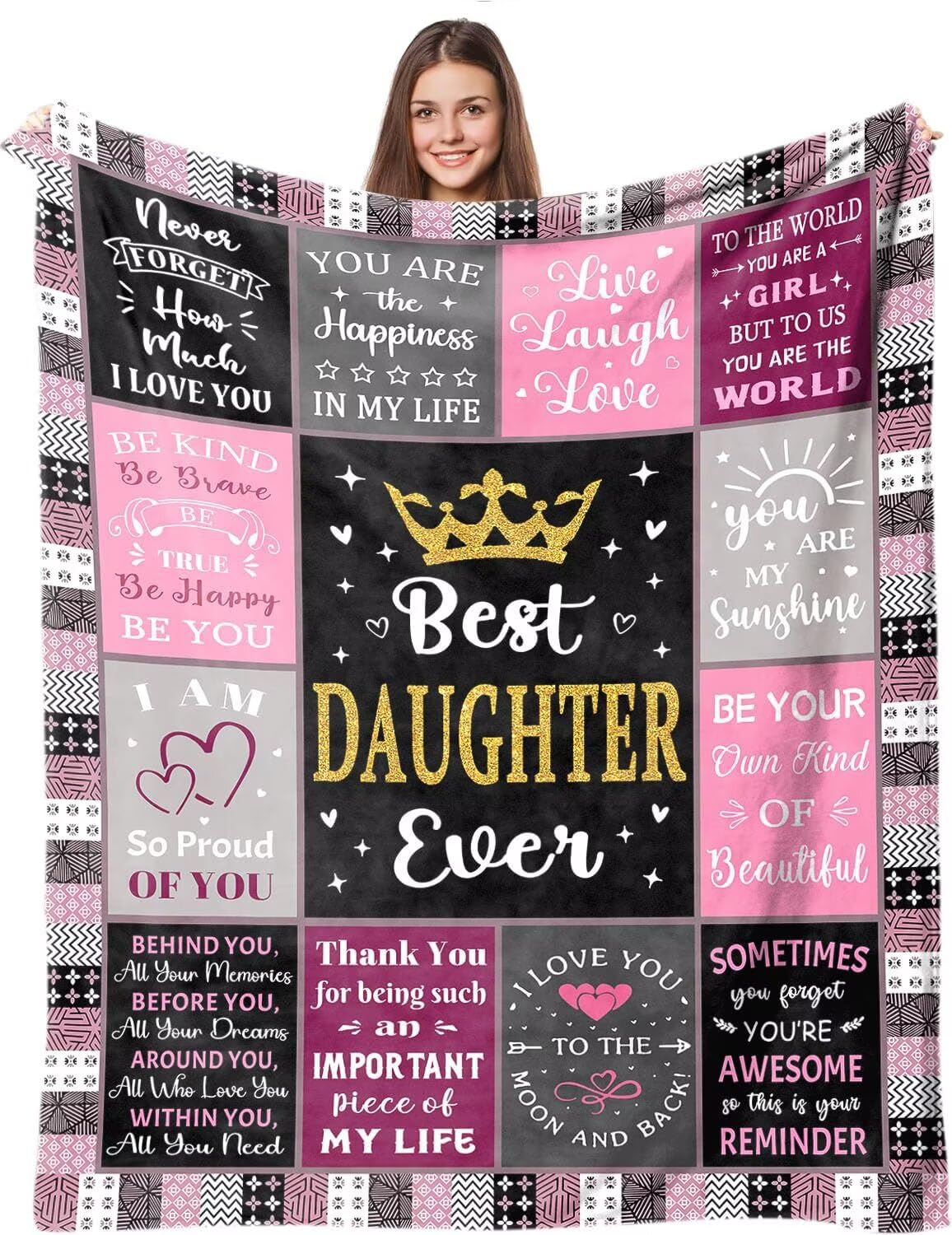 PJLJC To My Daughter Blanket from Mum & Dad, Personalised Soft Flannel Throw Blanket, Warm Cozy Gift for Daughter, Birthday Christmas Graduation Valentine’s Day Moving Out Presents, 150x130cm