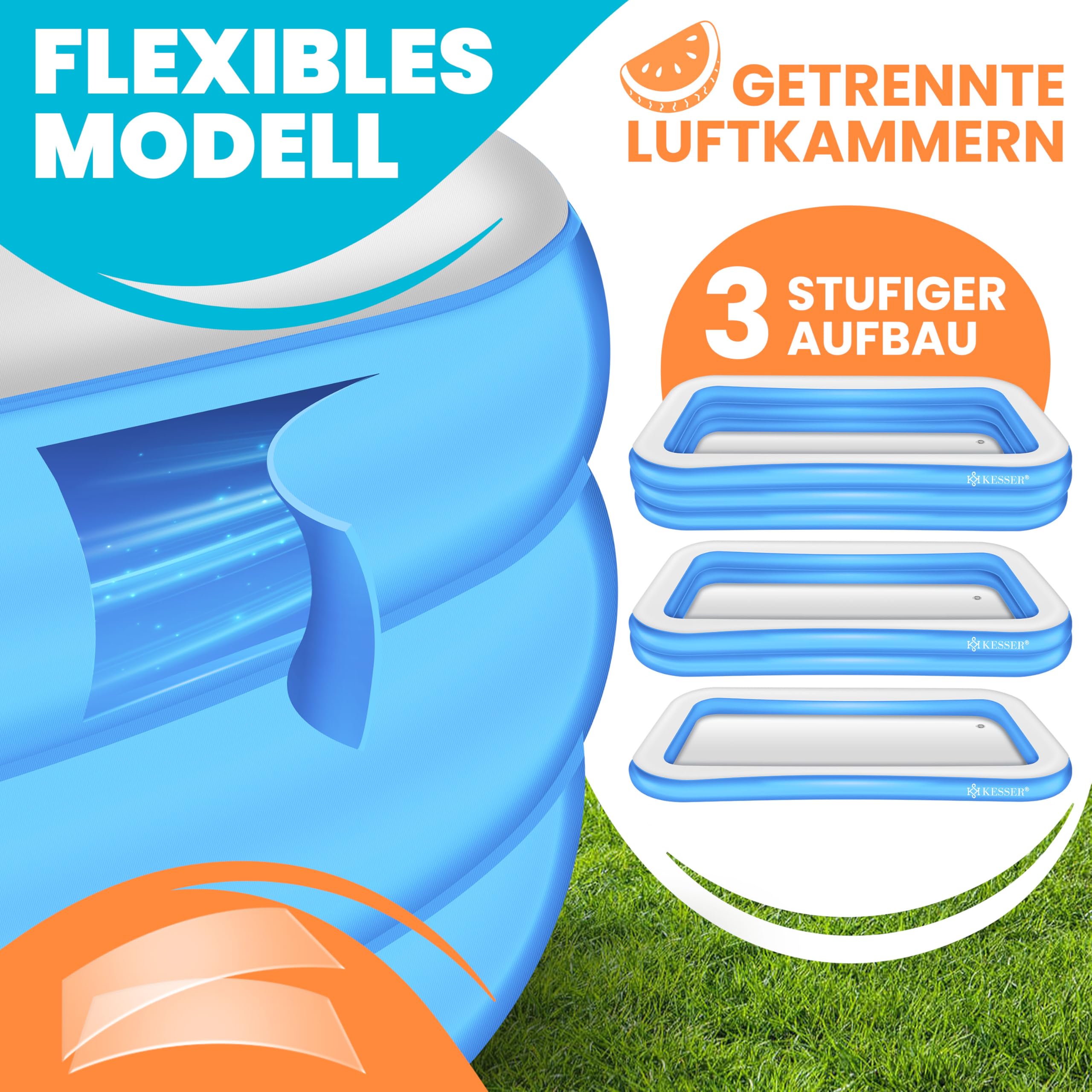 KESSER® Piscine Gonflable Familiale pour Enfants et Adultes, Rectangulaire Bleu Clair, 240x142x56 cm, 613 litres, Adaptée aux Enfants, Trous de Drainage