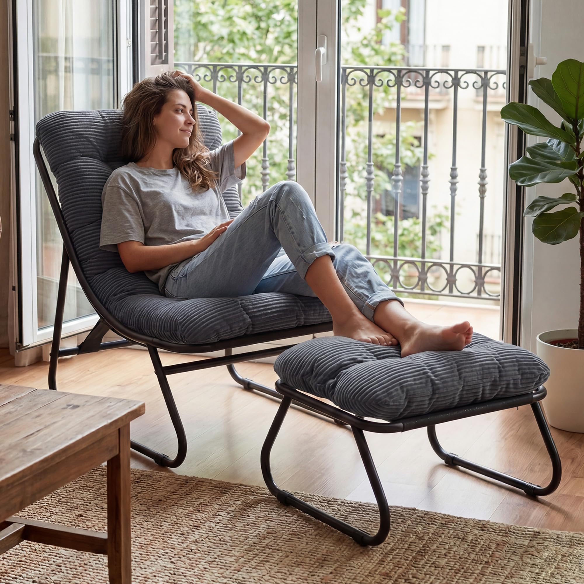 Ohrensessel mit Hocker, Bequemer Lesestuhl, Ergonomischer Lounge-Stuhl für Wohnzimmer, Schlafzimmer oder Büro auch für Terrasse, Balkon, Garten, Indoor & Outdoor, Marineblau, Dunkelgrau