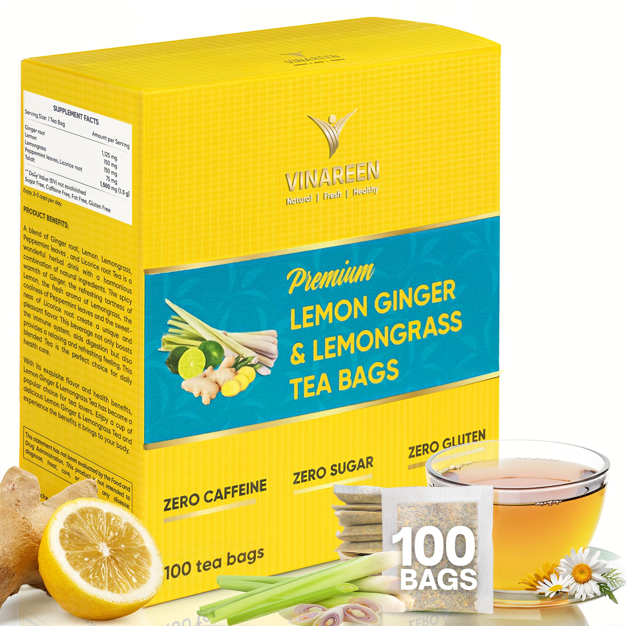 Amazon.com : VINAREEN Lemon Ginger Tea Bags, 100 Count – Natural