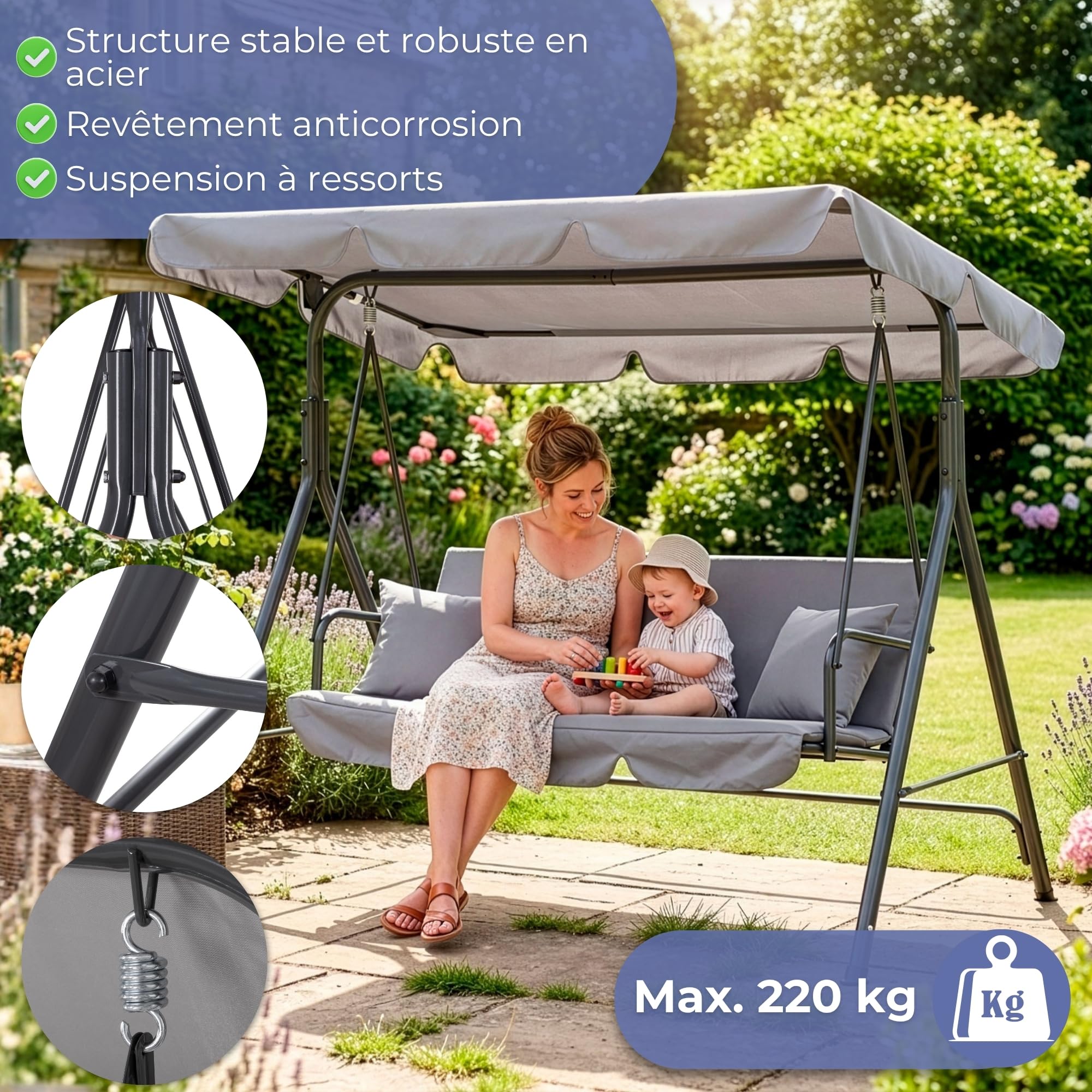 SPRINGOS Balancelle de jardin Luna avec toit, coussin, balancelle 3 personnes, H x L x P : 150 x 170 x 110 cm (gris)