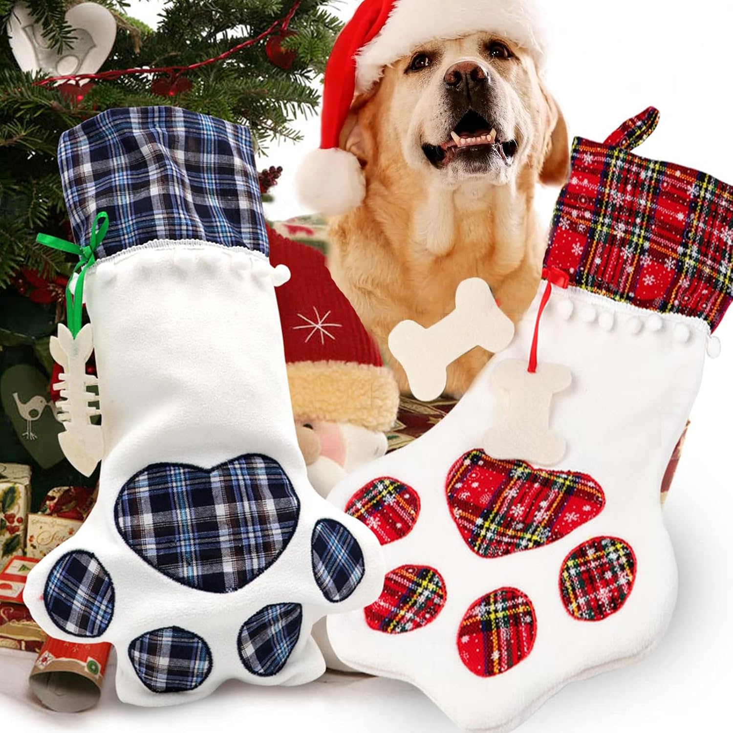 Aeacus 2 Pieces Dog Christmas Stockings Christmas Pet Paw Stockings with Large Pet Plaid Stockings Dog's Fireplace Hanging Stockings for…