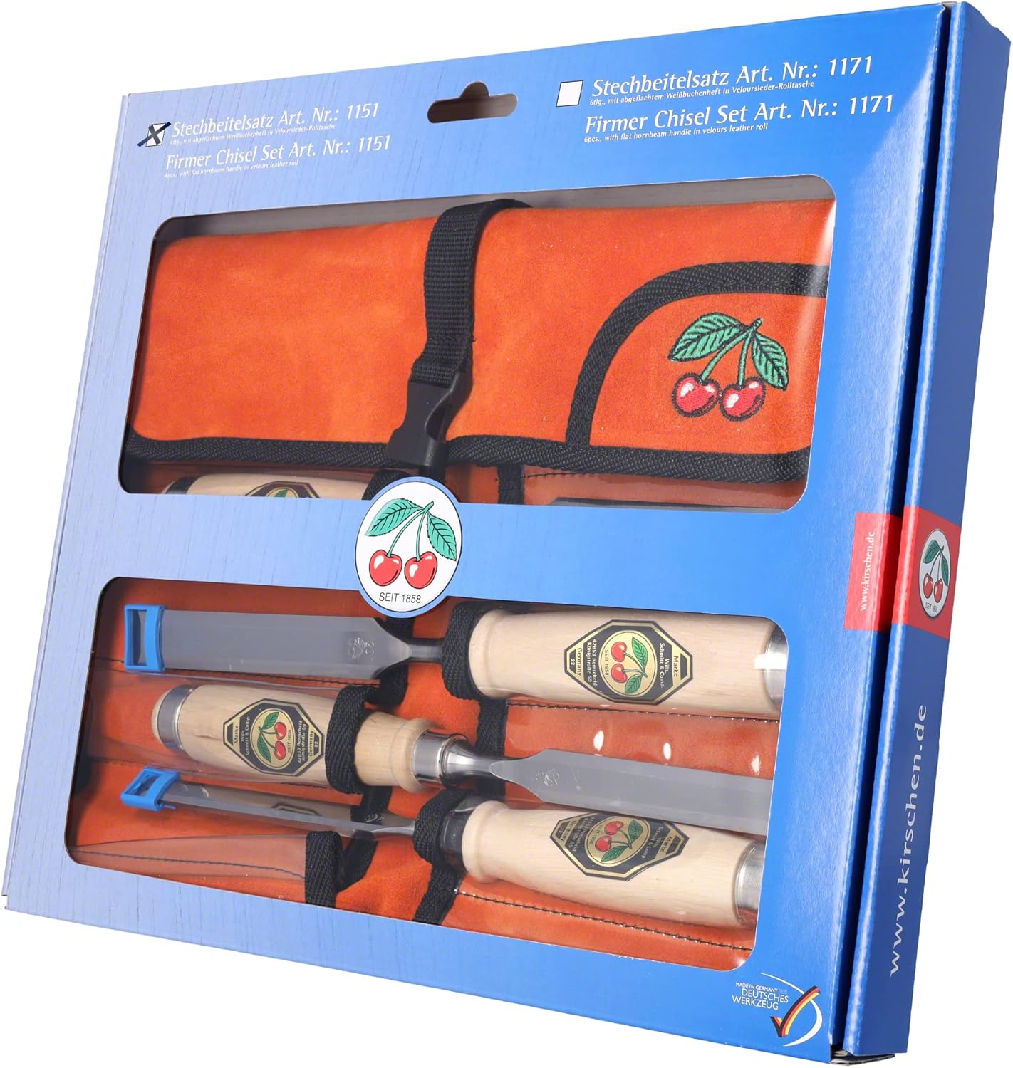 Kirschen 1151000 Firmer Chisel Set with Hornbeam Handle in Leather Roll