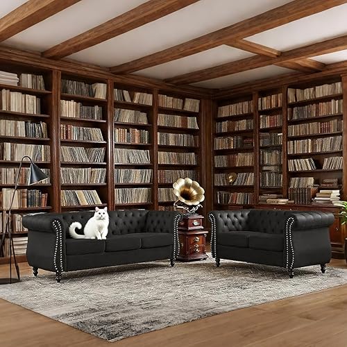 Miniatura 3 de Sofá para sala de estar, juego de 2 sofás de terciopelo Chesterfield de 80 pulgadas, 3 plazas y 59 pulgadas, moderno sofá de mediados de siglo con 4