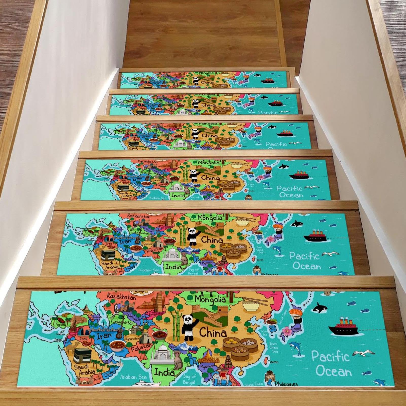 15 alfombras de escalera con mapa de Asia para peldaños de madera