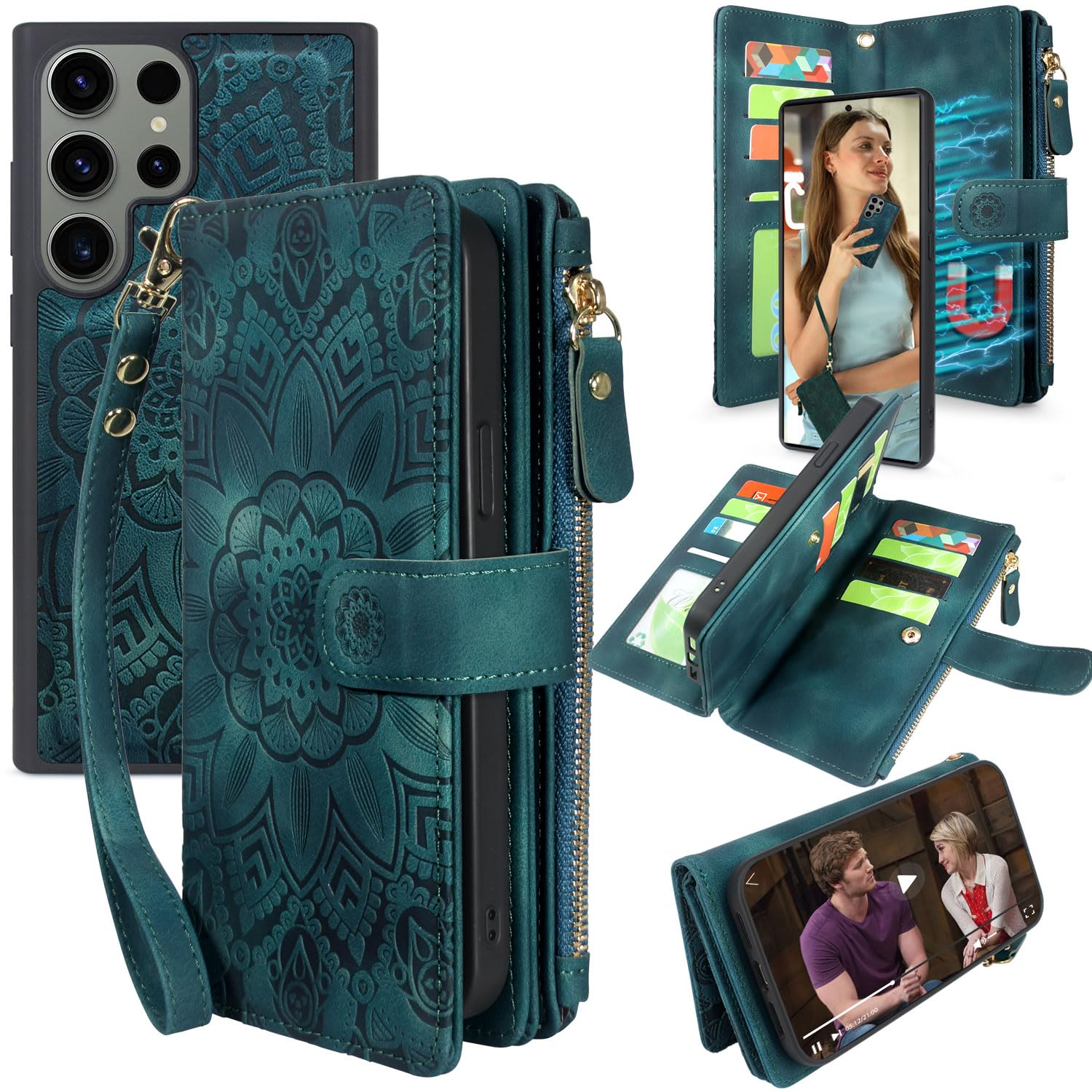 Harryshell Detachable Magnetic Zipper Wallet Leather Case with Cash Coin Pocket 12 Card Slots Holder Wrist Strap Lanyard for Samsung Galaxy S23 Ultra