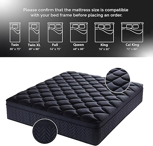 Miniatura 8 de Colchón tamaño King de 12 pulgadas, resorte individual en espiral negro, apoyo y alivio de presión, aislamiento de movimiento para parejas,