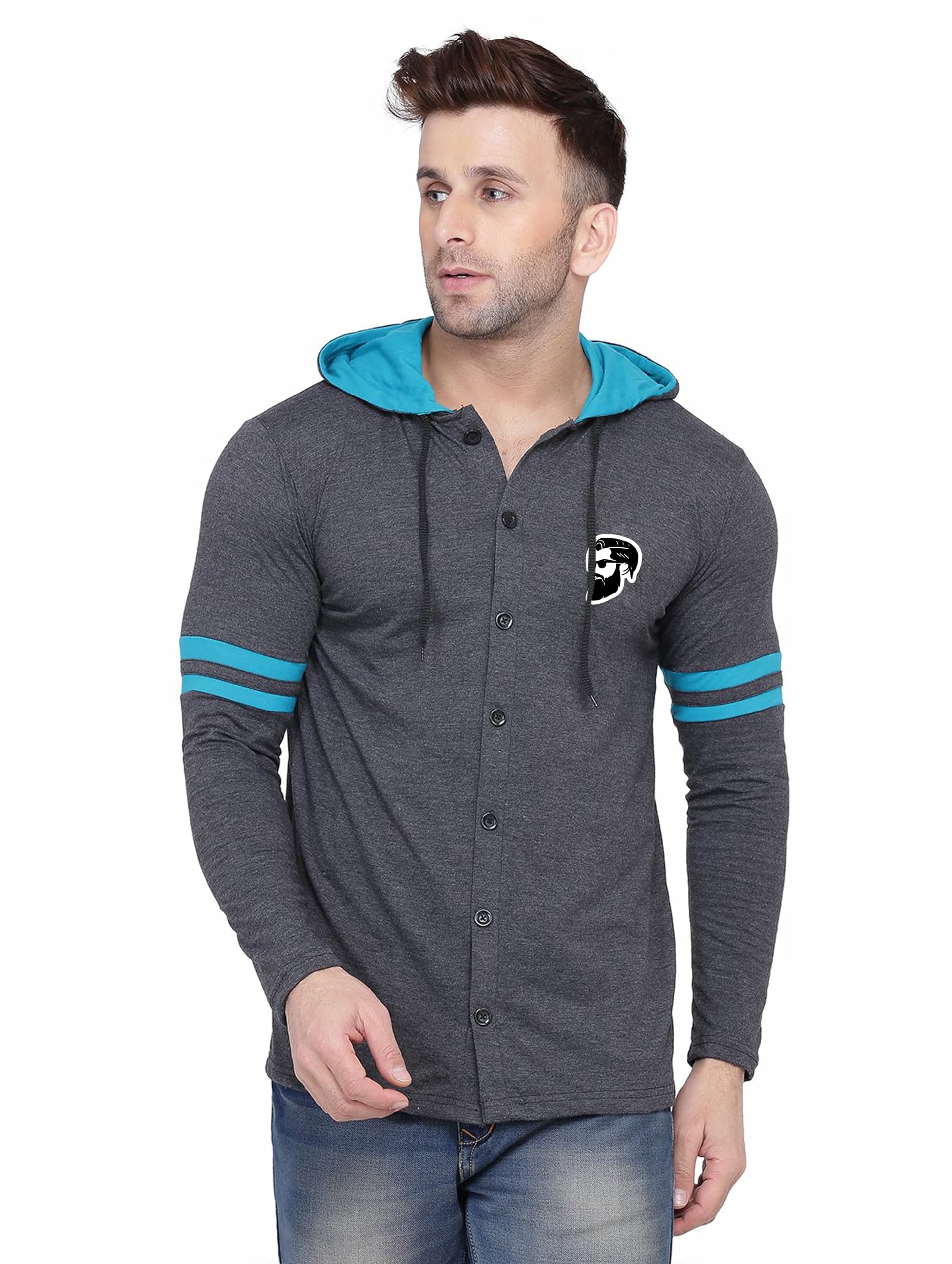 Men's Full Sleeve Hooded T-Shirt with Button Closure & Contrast Striped Sleeves | Stylish Cotton Blend Hoodie for Casual Wear Grey-image-6