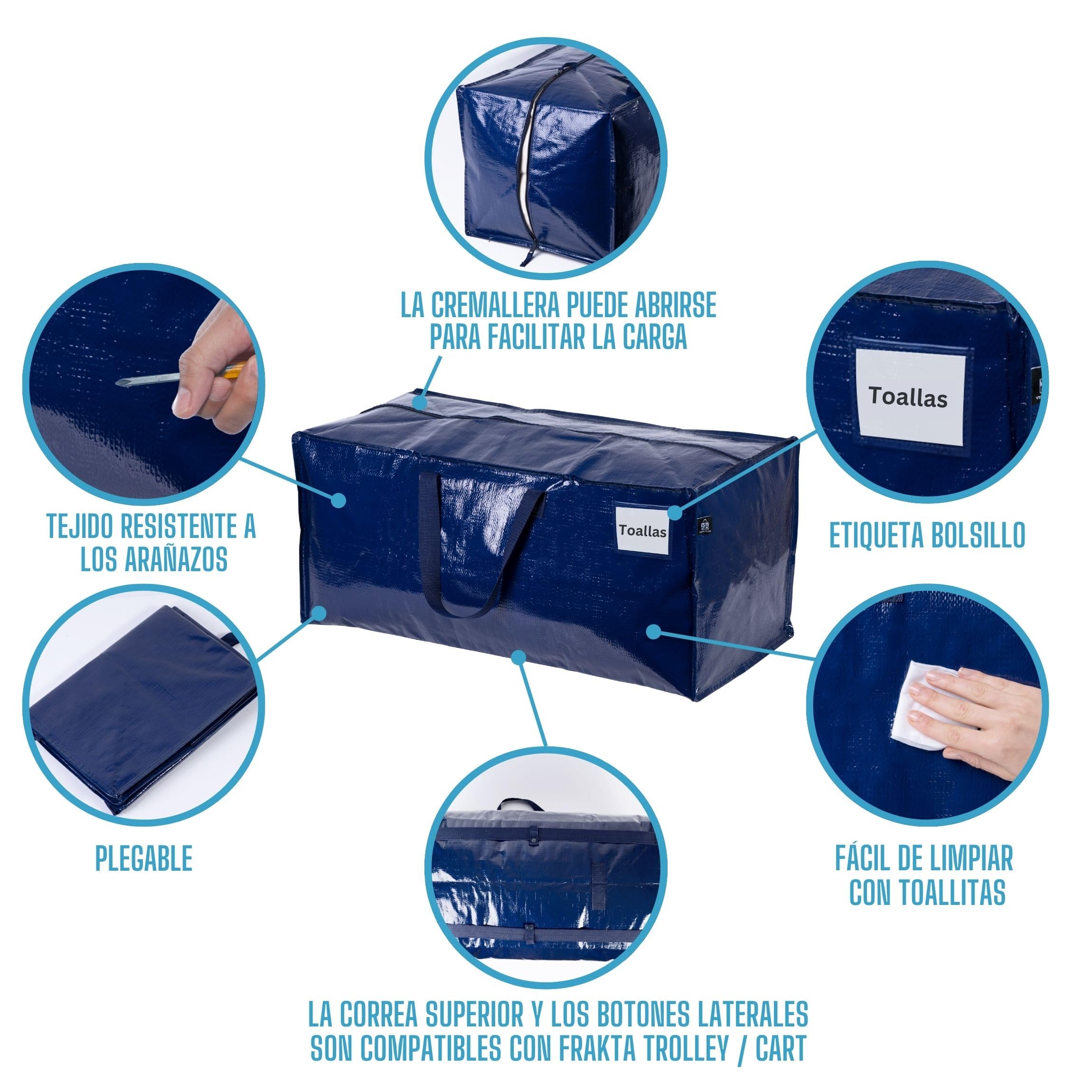 VENO Pack de 6 Bolsas de Mudanza, Almacenamiento Extra Grande con Correas de Mochila, Cremalleras y Asas Resistentes, Bolsas de Lavandería para Guardar Ropa y Embalar (Azul, Pack de 6)