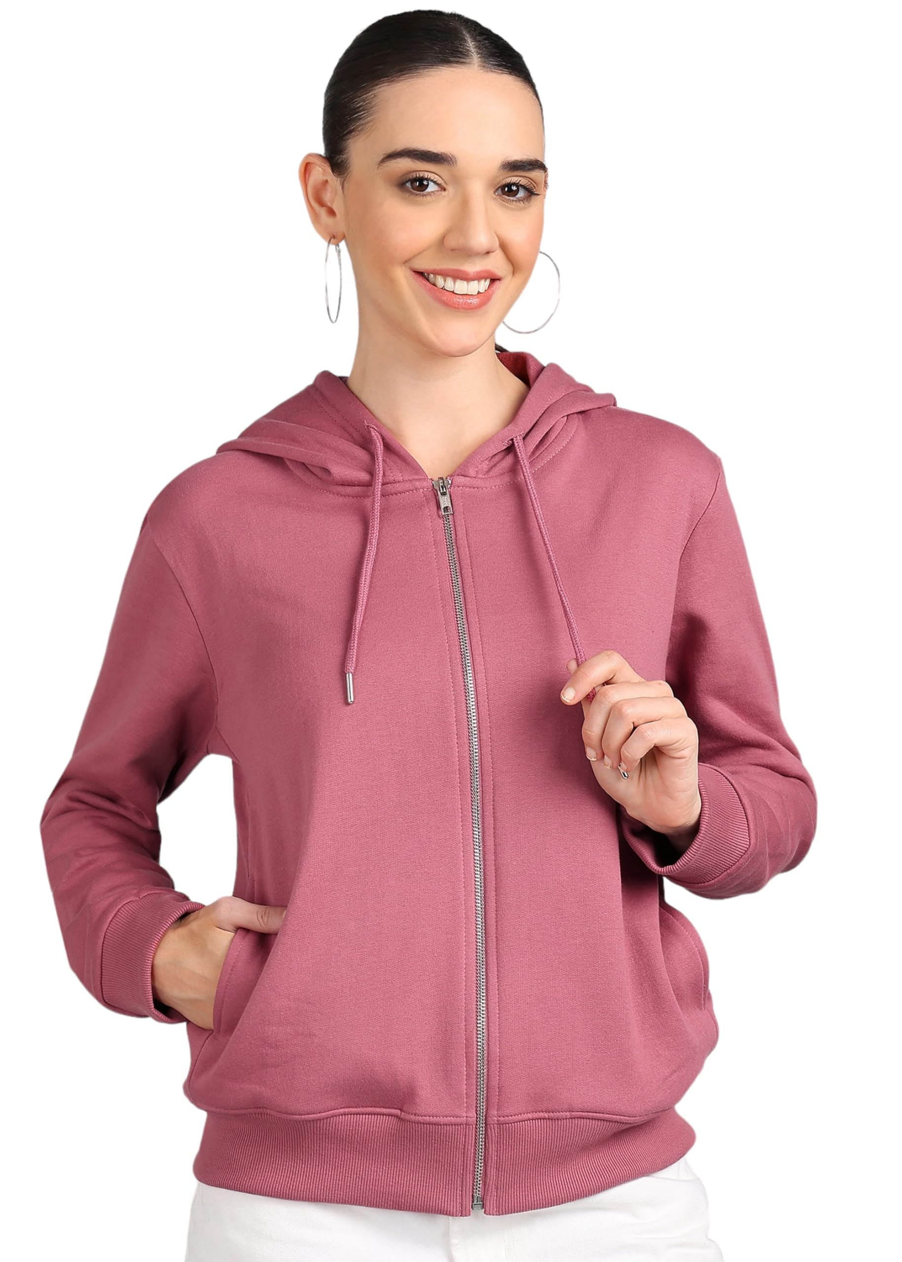 Alan Jones Clothing Women's Solid Zipper Hooded Sweatshirt | Front Zip, Ribbed Hem, Lined Hood, Casual Winter Wear