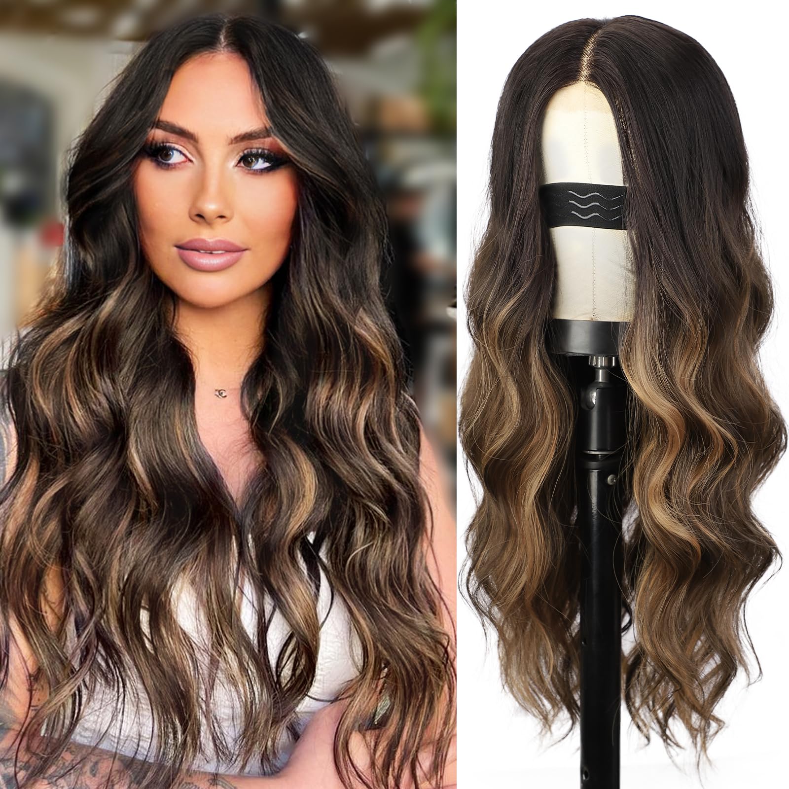 Cisyia Brown Wig, Ombre Brown Highlight Wigs for Women with Dark Roots, Long Wavy Lace Hairline Wig, 26 Inch Middle Part Synthetic Heat Resistant Wig
