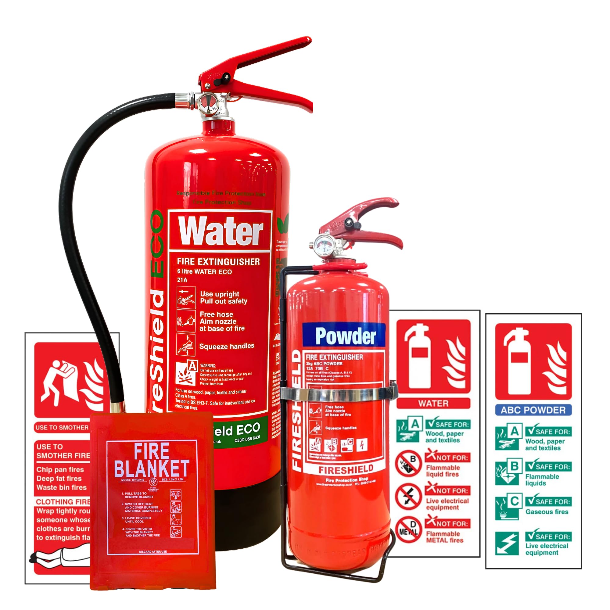 2KG ABC Dry Powder, 6LTR ECO Water Fire Extinguishers, 1.8m x 1.2m Hard Case Fire Blanket & Extinguisher ID Signs