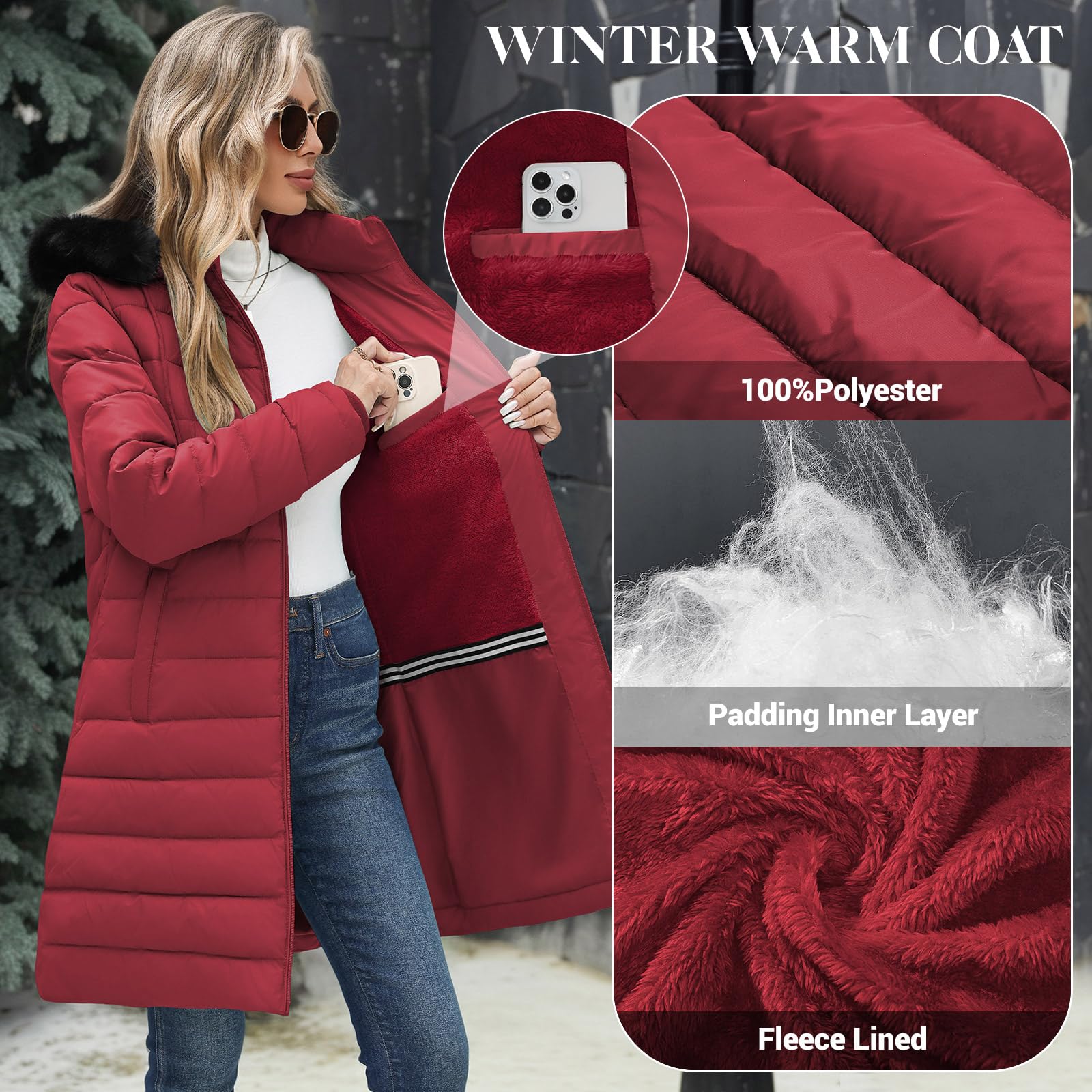 Yusongirl Piumino invernale da donna foderato in pile ispessito caldo giacche con cappuccio staccabile impermeabile parka cappotti