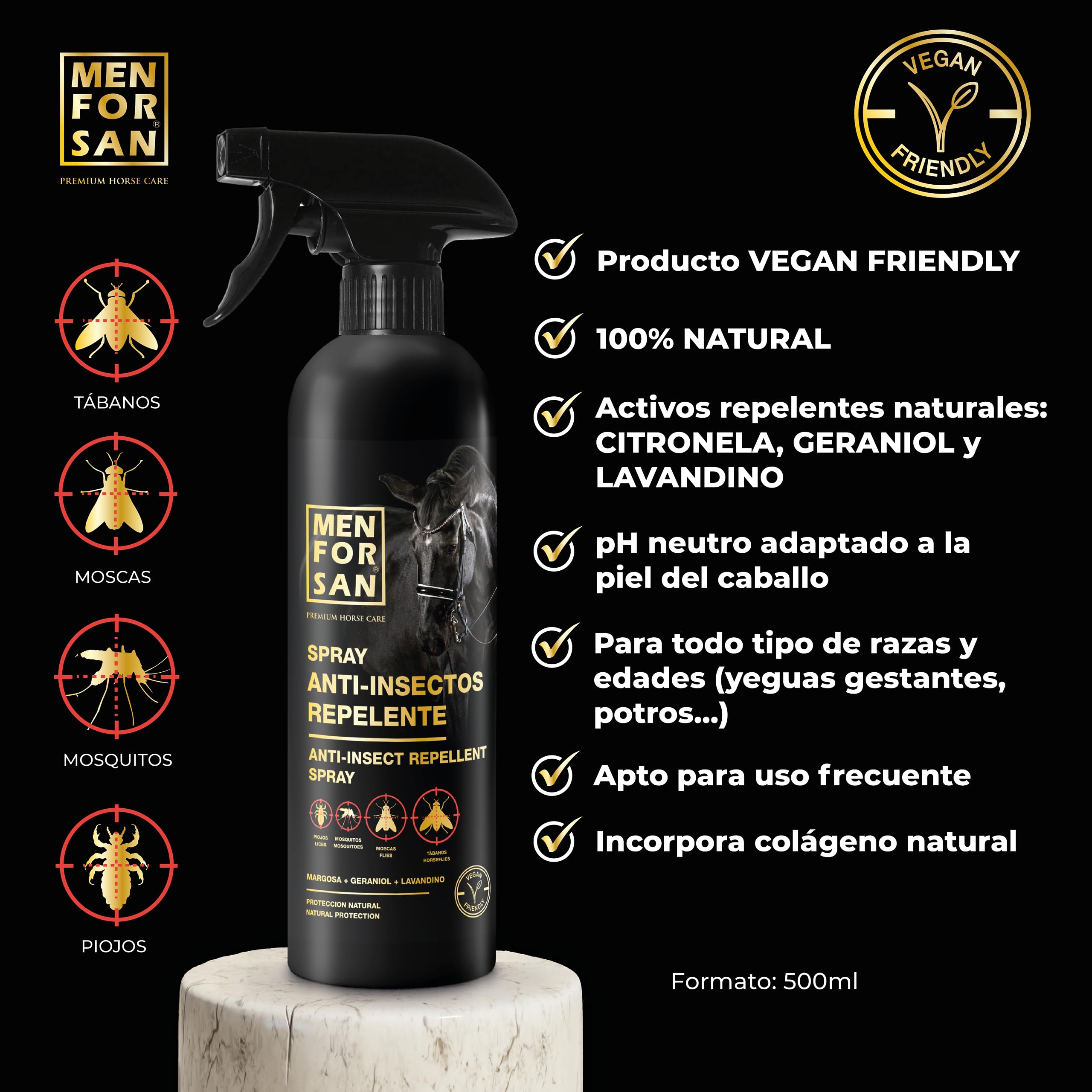 MENFORSAN Spray repelente de insectos para caballos, 500ml | con Margosa, geraniol y lavandino | Bio, 100% Natural