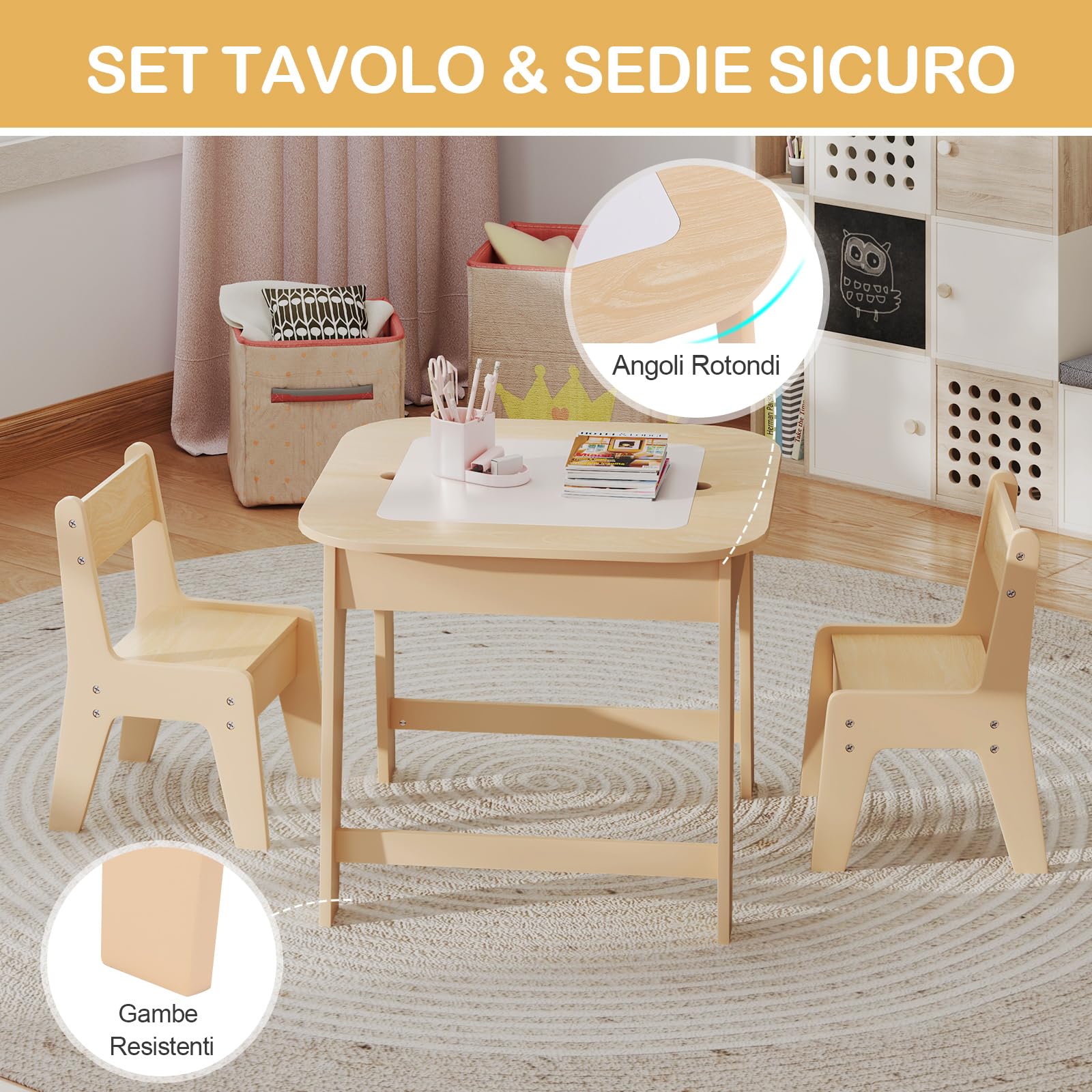 COSTWAY Set Tavolo e 2 Sedie per Bambini, con Lavagna Reversibile, Tavolo Multiattività con Vano Portaoggetti Nascosto e Sedie, per Bambini da 3-6 Anni, per Cameretta e Soggiorno (Giallo)