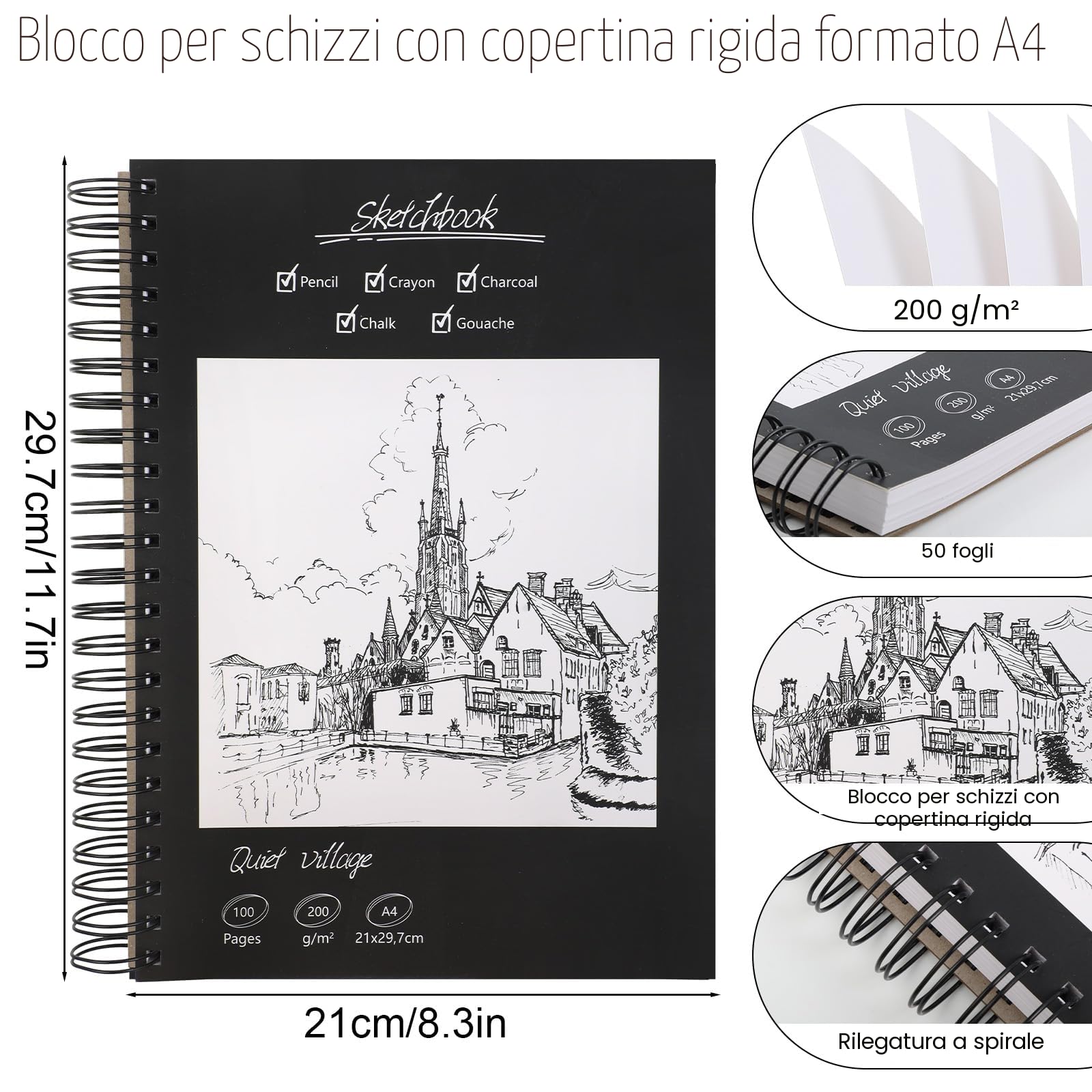 Sketchbook A4 – Album da Disegno Premium, 50 Fogli/100 Pagine, 200 g/m², Blocco da Disegno A4 a Spirale, Album Disegno e Quaderno da Disegno per Artisti e Designer, Ideale per Schizzi e Note.