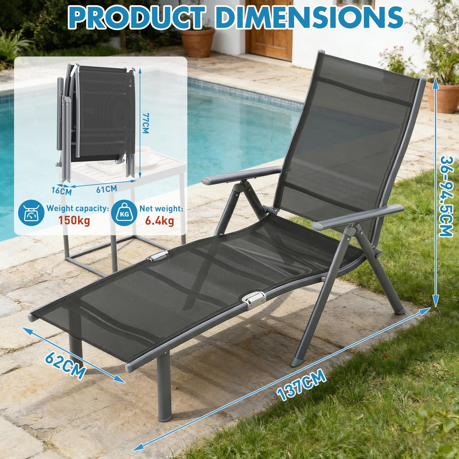Verdego Sonnenliege Klappbar, Gartenliege Wetterfest, Liegestuhl mit Kopfkissen, 7 Fach Verstellbare Rückenlehne, Strandliege bis 150 kg Belastbar, Balkon Liege, 62x137x36-94.5CM, Schwarz