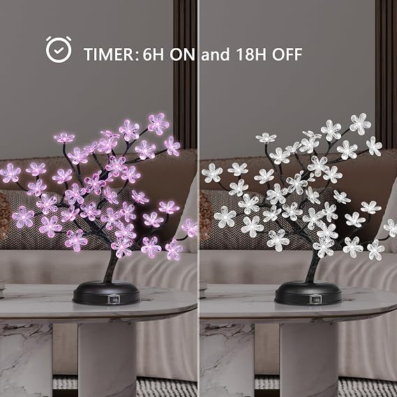 LIGHTSHARE 18-inch Crystal Flower LED Bonsai Tree, Pink Light, 36 LED Lights, Battery Powered or DC Adapter(Included), Built-in Timer