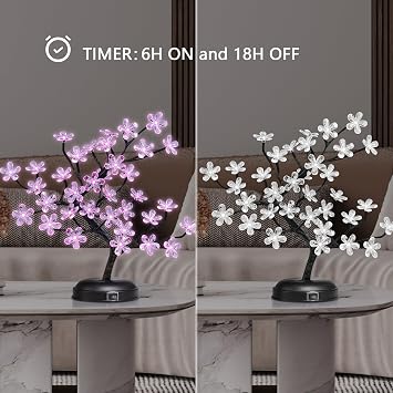 LIGHTSHARE 18-inch Crystal Flower LED Bonsai Tree, Pink Light, 36 LED Lights, Battery Powered or DC Adapter(Included), Built-in Timer