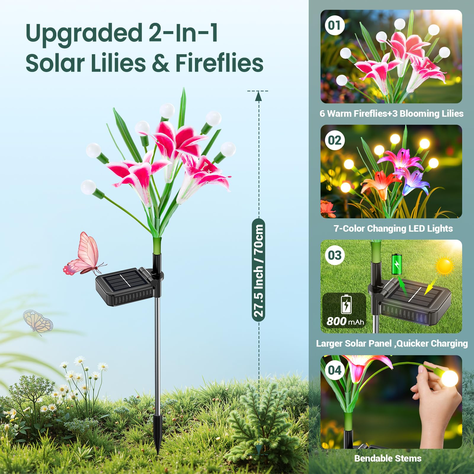 BUCASA Firefly Solarlampen für Außen Garten, 4 Stück 36LED Hell Solarleuchten für Außen mit Warmweiß Glühwürmchen und Farbig Lilien Blumen, Upgraded Swinging Solar Gartenleuchten für Wege Höf Balkon