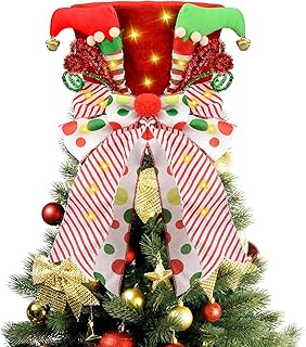 Christmas Tree Topper Hat Lighted, Large Red Bow Christmas Tree Topper with Warm Light Bulbs, Lighted Red Velvet Hat with Elf Legs Christmas Tree Decorations for Home Office Holiday Tree Decor