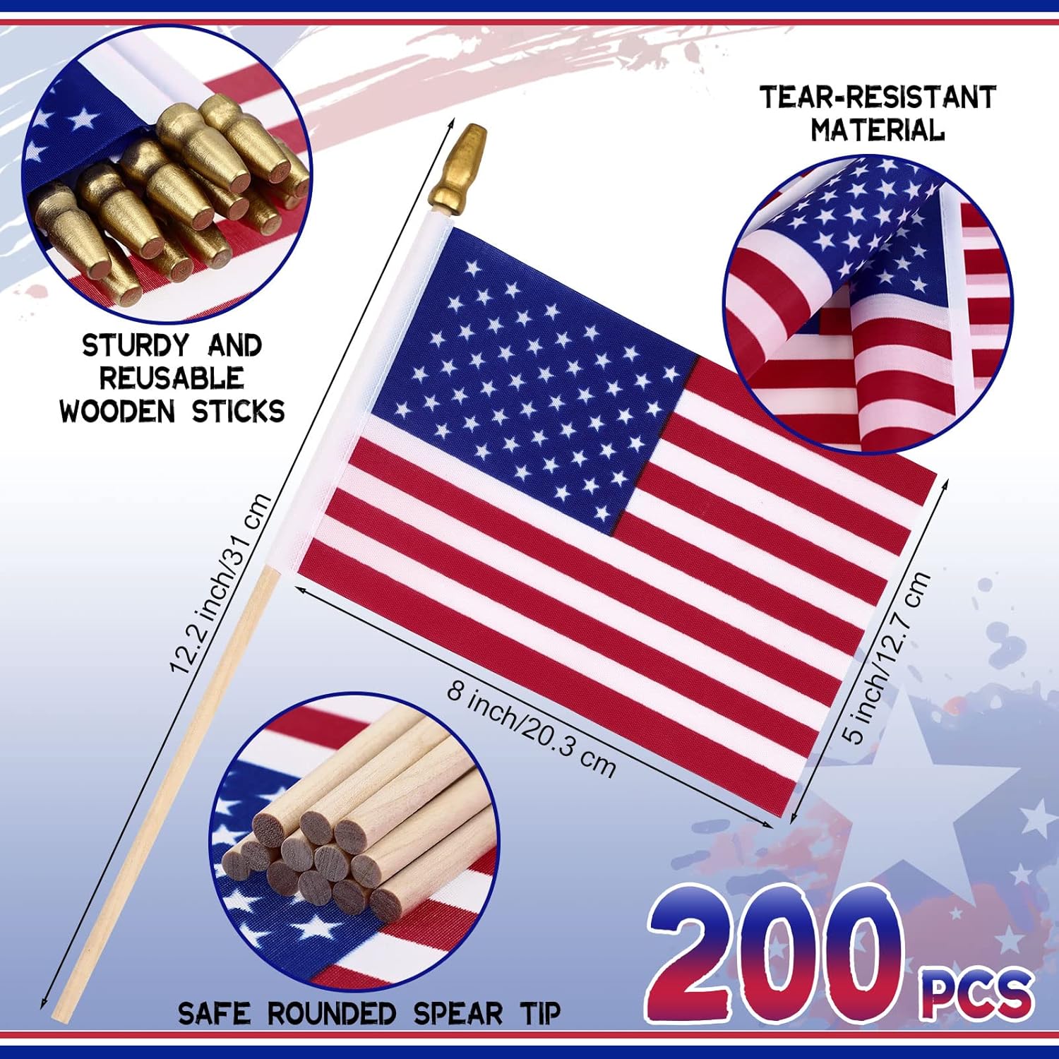 200 Pieces Small American Flags on Stick 5" x 8" USA Flags Bulk Mini Handheld Stick 4th of July Flag with Safe Spear Top for Parade Grave Marker Classroom Memorial Day Independence Day Veterans
