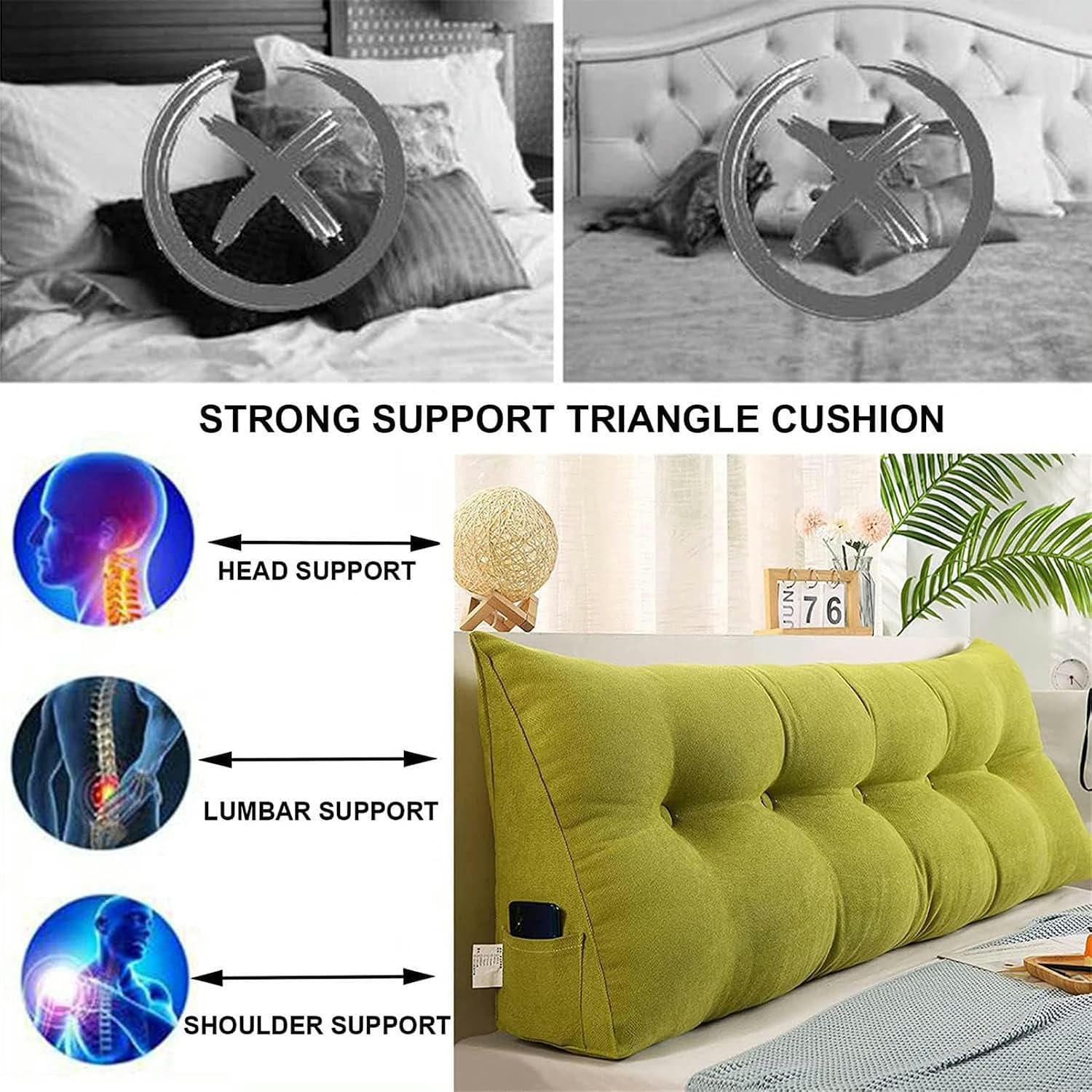 Large Triangular Reading Wedge Pillow,Bed Rest Headboard Cushion Fleece Bolster Headboard Pillow Positioning Support Backrest with Removable Cover Full Size, Green