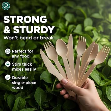 ECO SOUL Disposable Wooden Cutlery Set (175 Pack) - Eco Friendly 75 Forks, 50 Spoons & 50 Knives, Biodegradable & Compostable Cutlery Set for Party Wedding Picnic - Packaging May Vary
