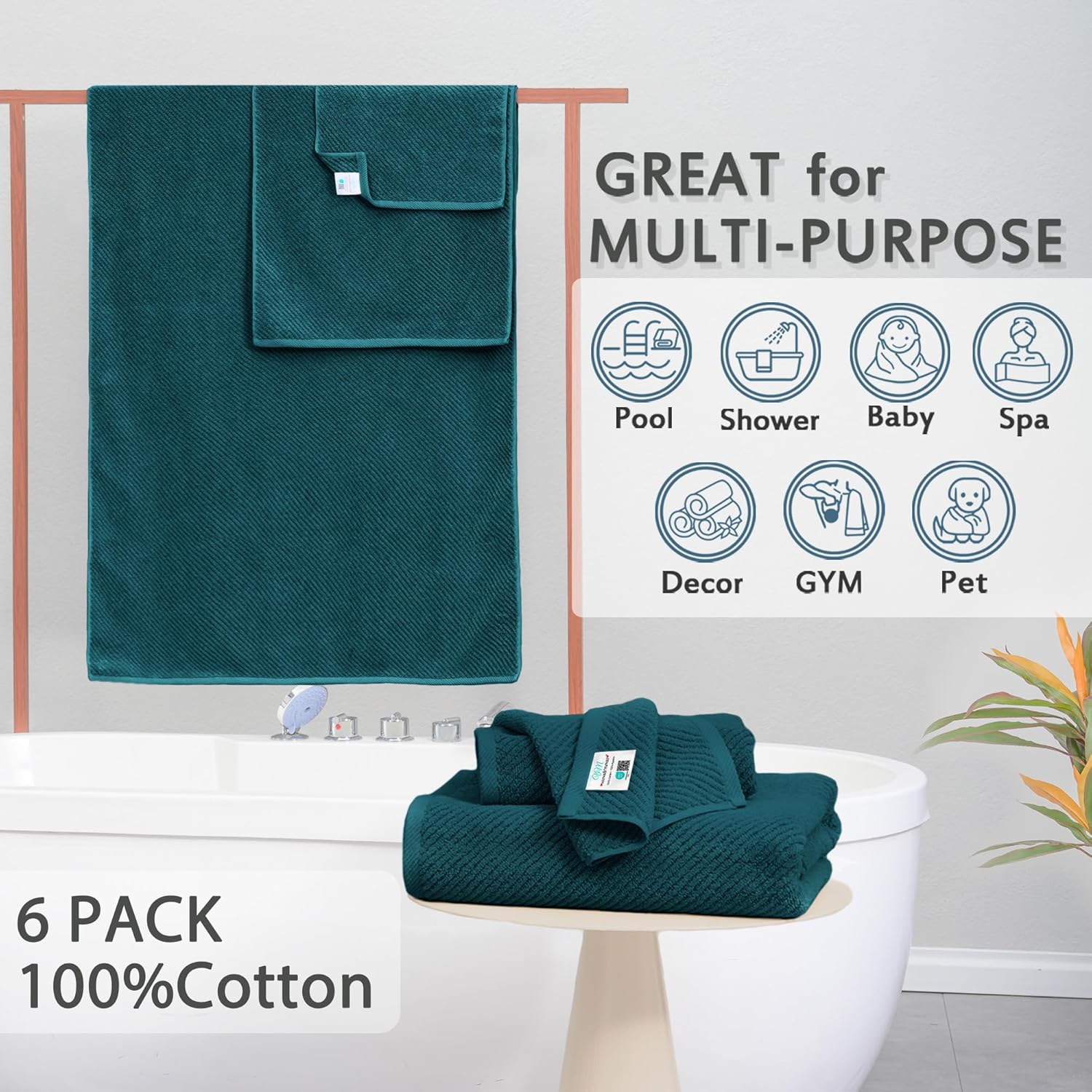 Bathroom Towels, 6 Piece Towel Set - Cotton | Soft | Quick Dry | Thick | Lightweight, 2 Large Bath 30"x56", 2 Hand 18"x28", 2 Washcloths 13"x13", Guest Towel Set, Deep Turquoise Gift Towel, Dark Teal - Image 3