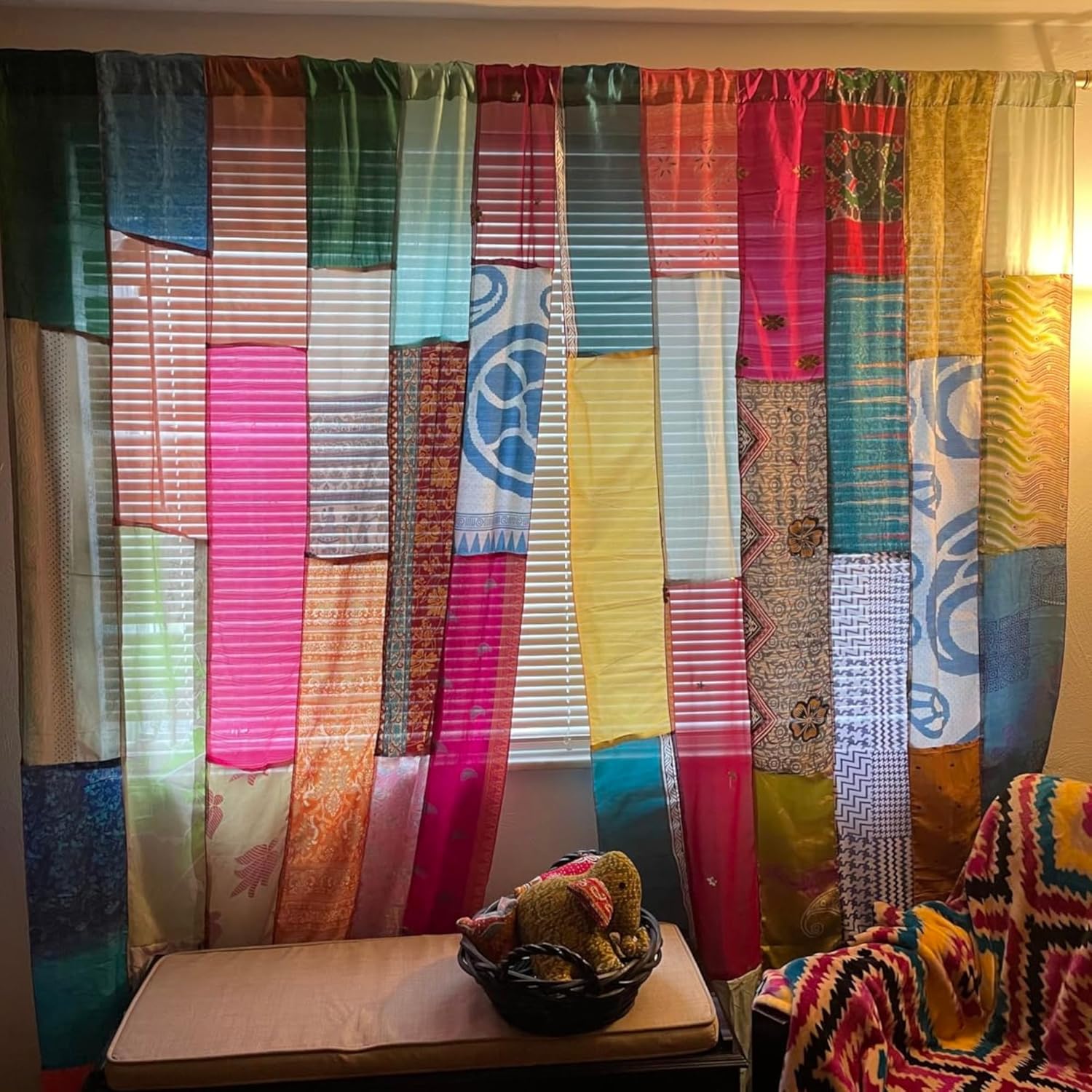 Handmade Boho Patchwork Hippie Curtains Sari Silk Pair of Indian Vintage Window Treatments Boho Gypsy Hippy Bohemian Wall Hanging 82x42 Inches (Assorted Color) Pack of 2