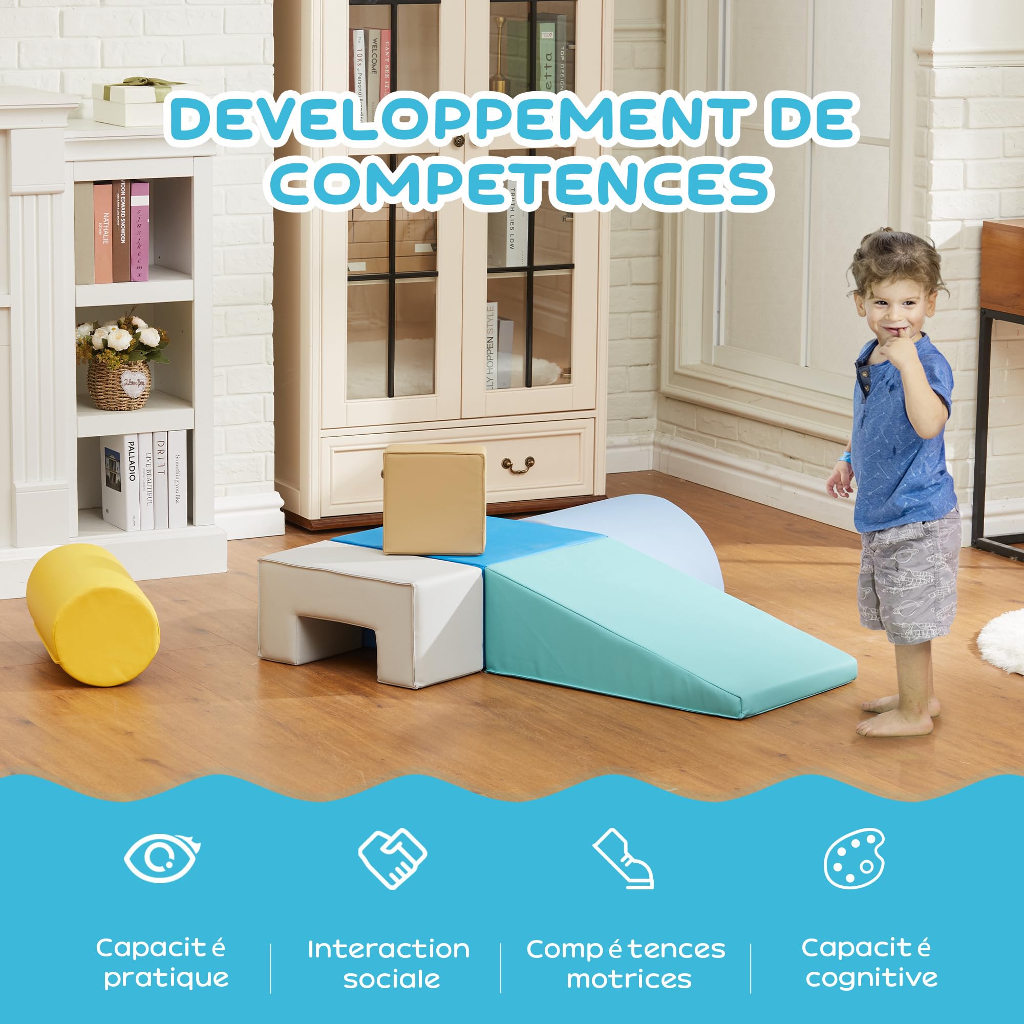 AIYAPLAY 6PCS Module motricité bébé Parcours motricité bébé Blocs de Construction en Mousse avec Housse en revêtement synthétique - Jouets éducatifs pour Enfants d'âge préscolaire, Multicolore