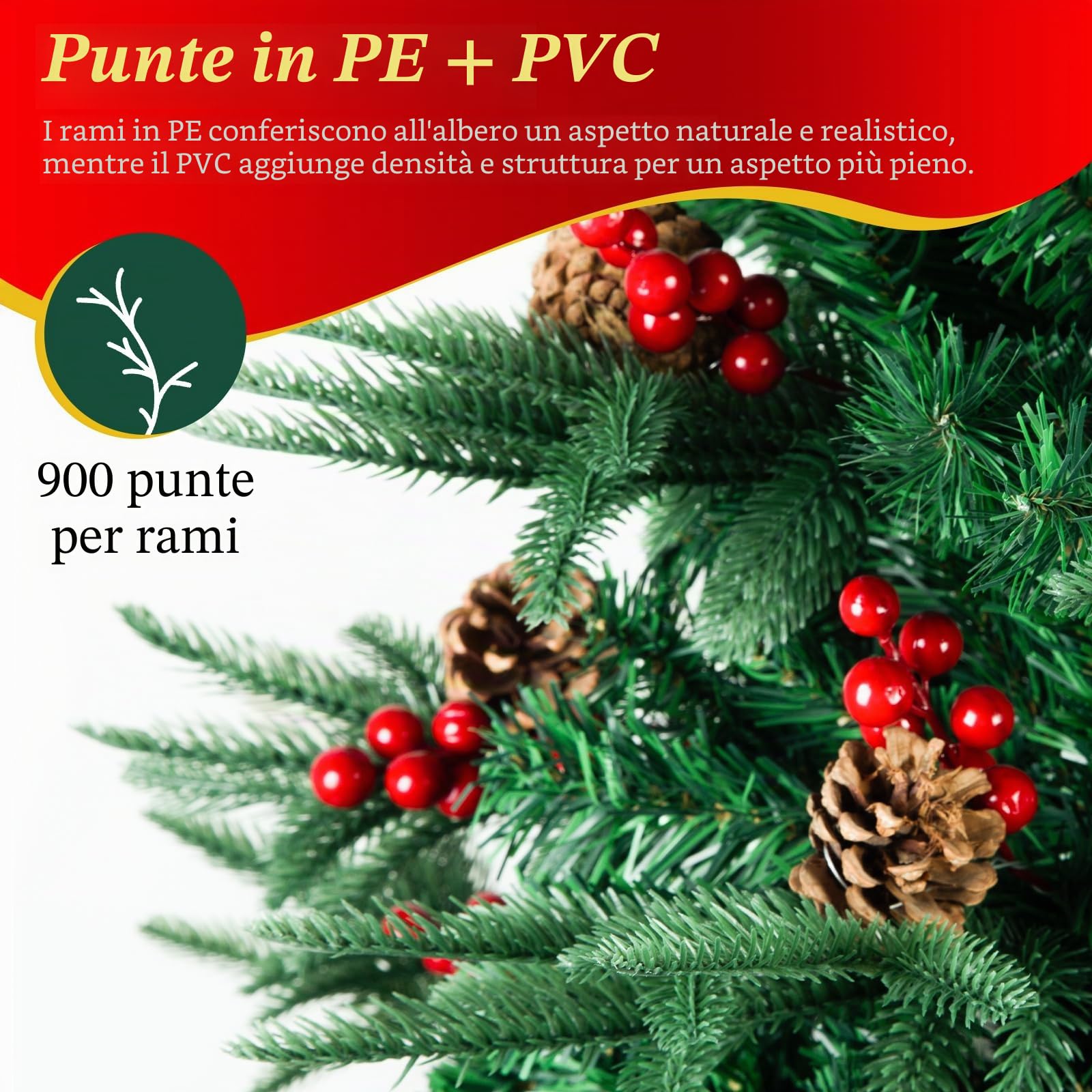 AGM 210 cm Albero di Natale, 900 Rami, con Luci a Corda da 500 LED, Albero di Natale Artificiale con Aghi di Pino Misti, Bacche Rosse e Cerniere e Base