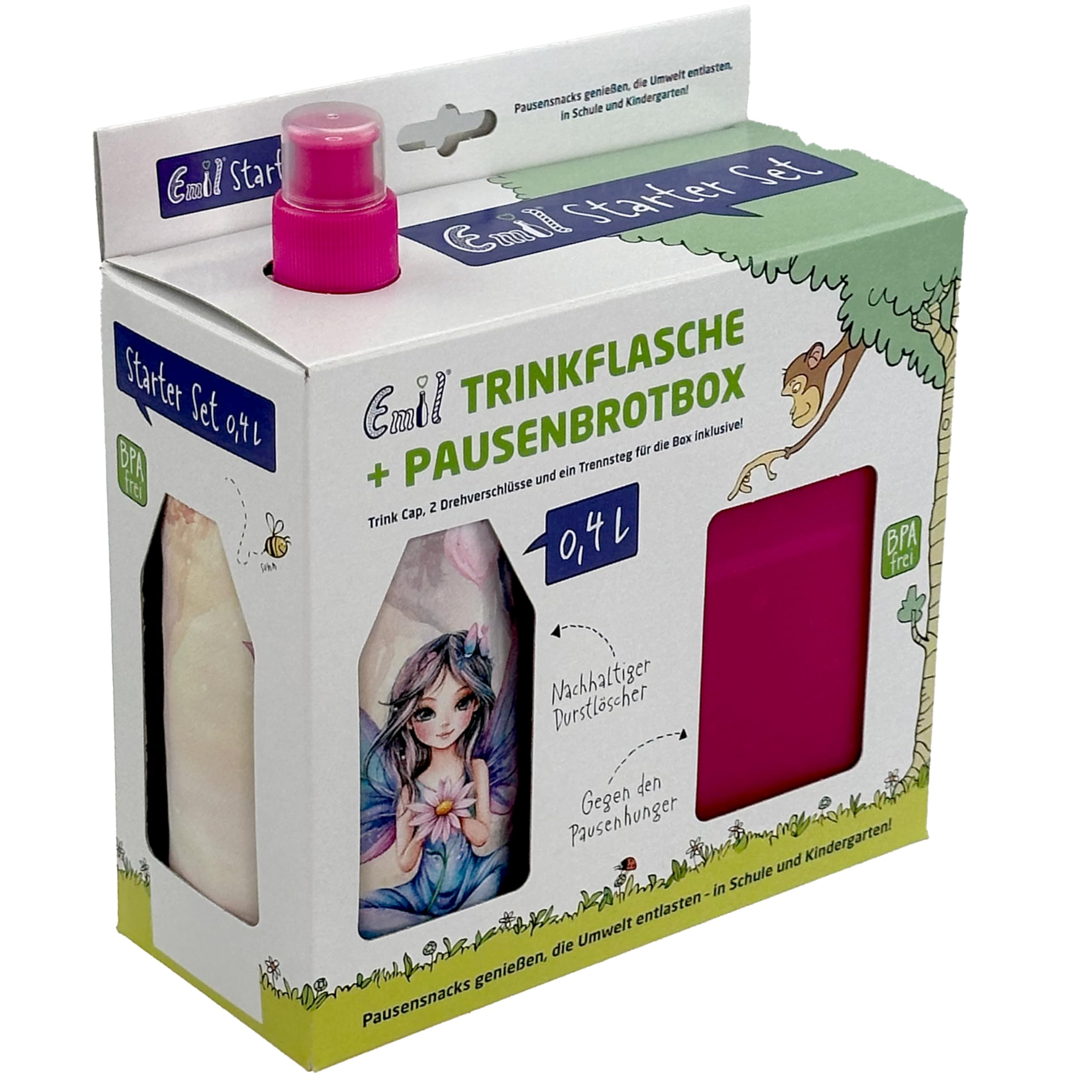 Emil Glas Trinkflasche Starterset 0,4l Elfen – inkl. Brotbox & 3 Verschlüsse, isolierte Kinderflasche für Kita, Kindergarten & Schulstart, schadstofffrei