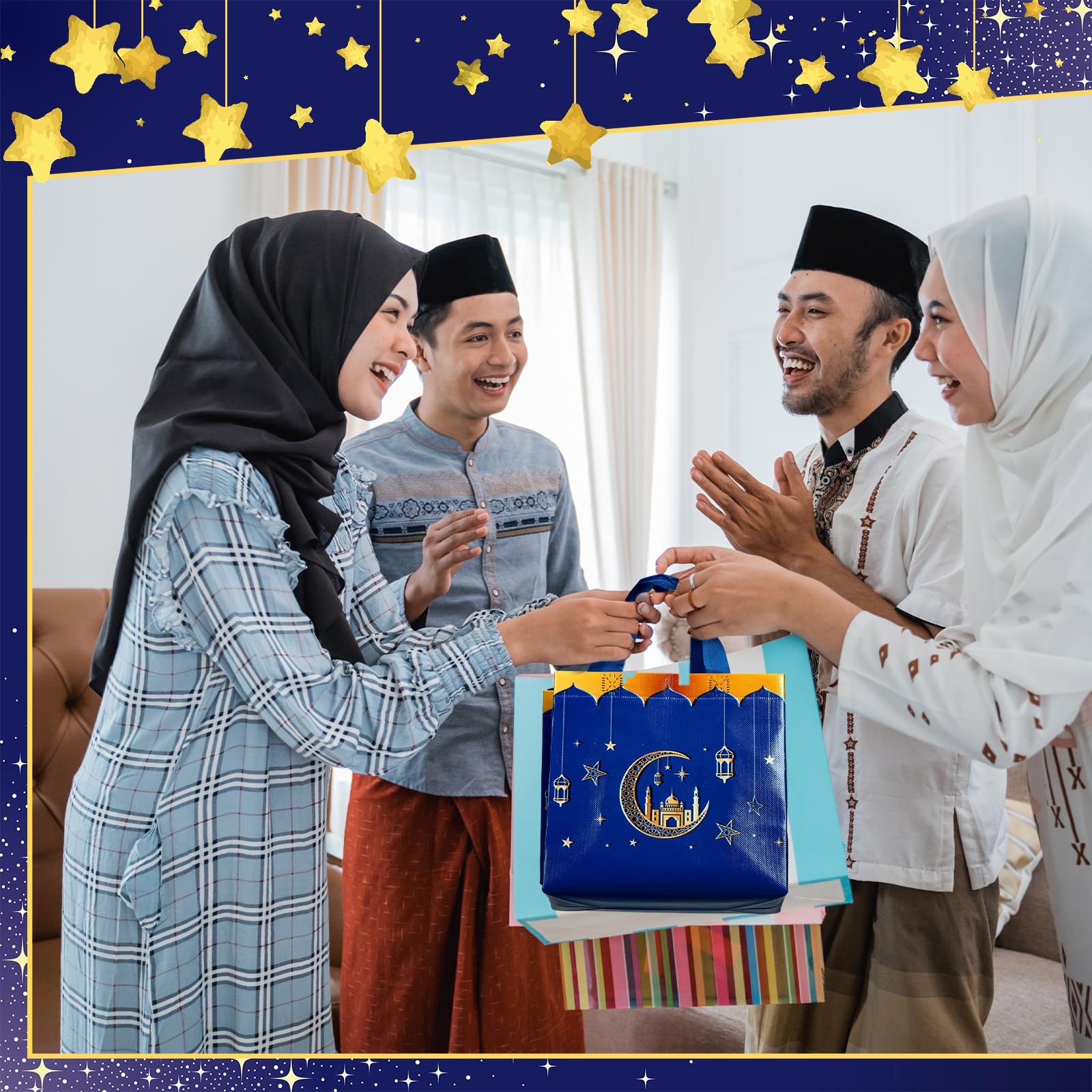 Resurhang 16 Pcs Eid Al Adha Party Reusable Gift Bags with Handles, Muslim Treat Non Woven Ramadan Goodie Bags for Eid Al Adha Muslim Party Supplies(Blue)