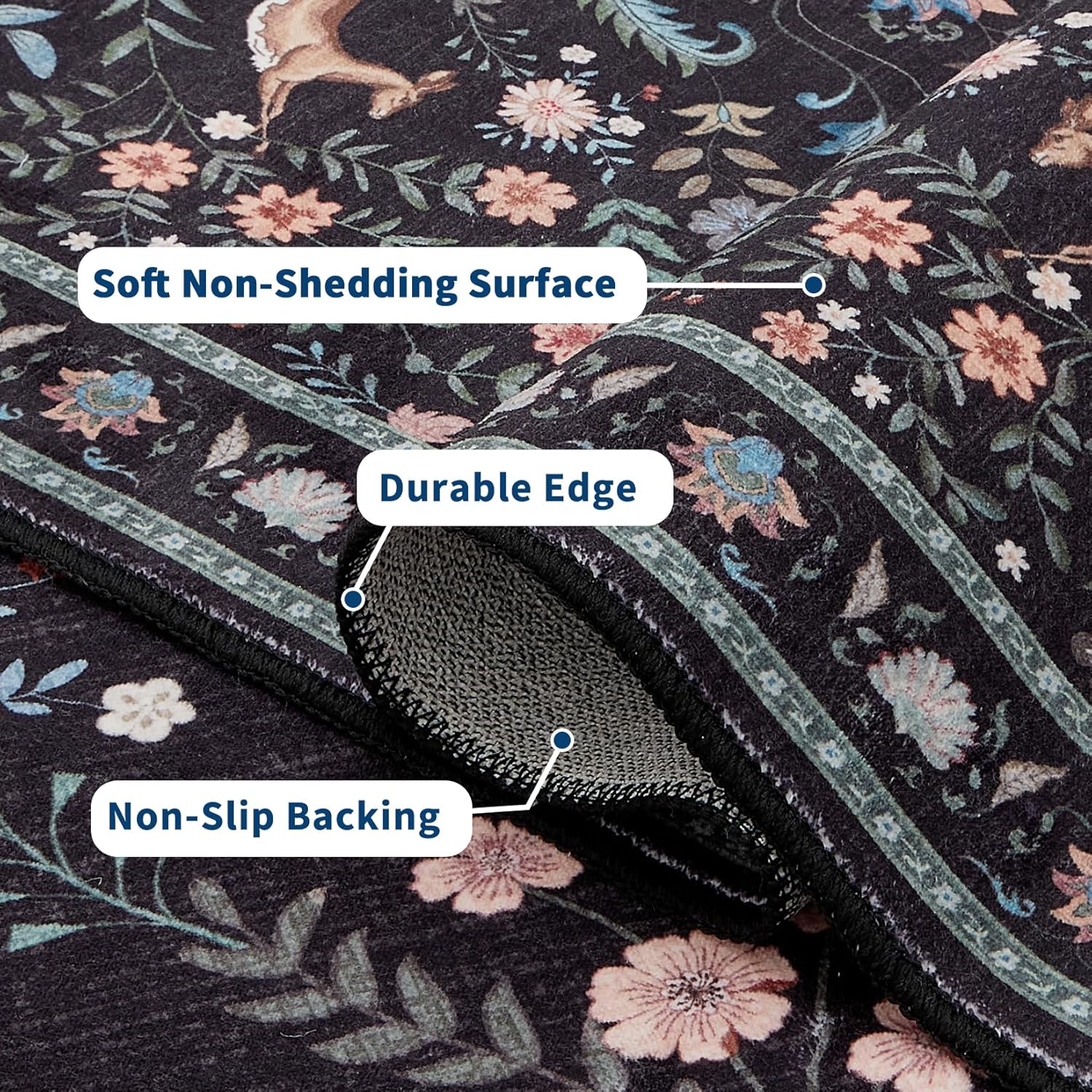 Garvee Floral Runner Rug 2x6 Washable Runner Rug Peacock Print Soft Hallway Runners Non Slip Non-Shedding Accent Rugs Low Pile Foldable Thin Carpet for Entryway Bedside Kitchen Laundry Nursery Black
