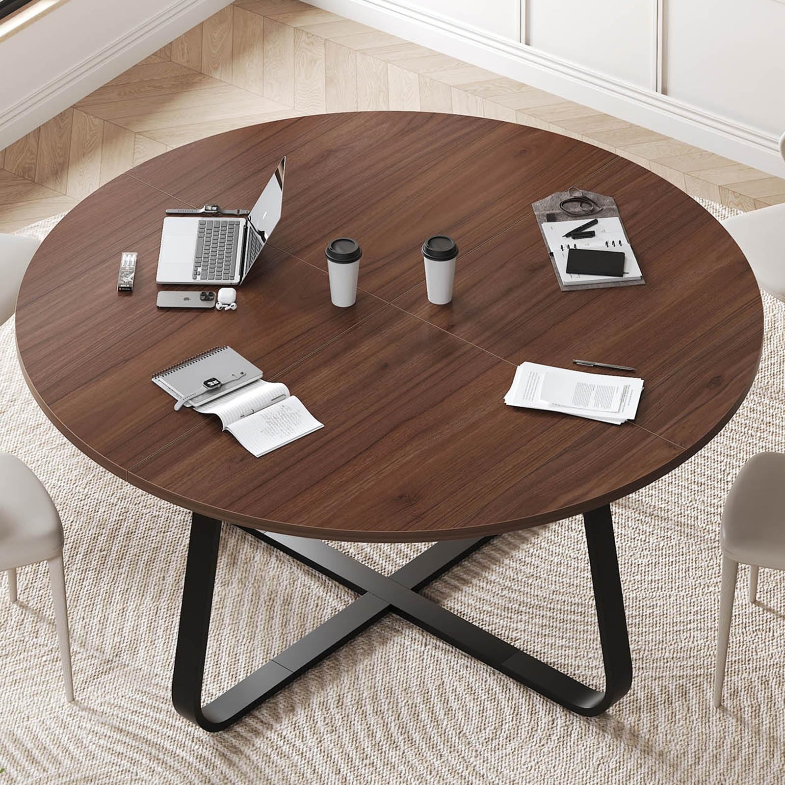 LVB Runder Esstisch Esszimmertisch für 4 bis 6 Personen Küchentisch 130cm Esstische Rund aus Holz Moderne Industrial Design Runder Tisch für Esszimmer Küche Wohnzimmer, Walnuss