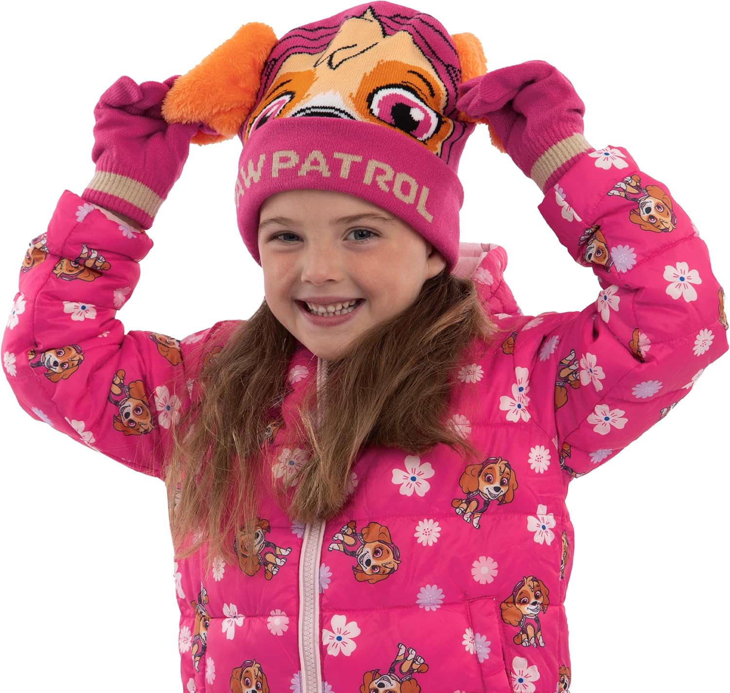 Paw Patrol Girls Hat And Gloves, Skye Kids Hat And Kids Winter Gloves Set With 3D Ears, Pink, One Size - Image 5