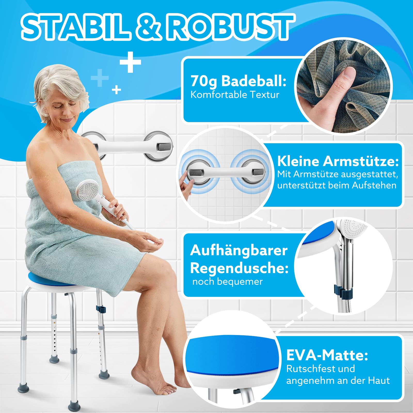 Duschhocker Höhenverstellbar 37-57cm, Duschstuhl 8 Stufen, Duschhocker für Senioren Belastbar bis 136kg, Badhocker mit Rutschfesten Gummifüßen für ältere Menschen, Senioren, Grau