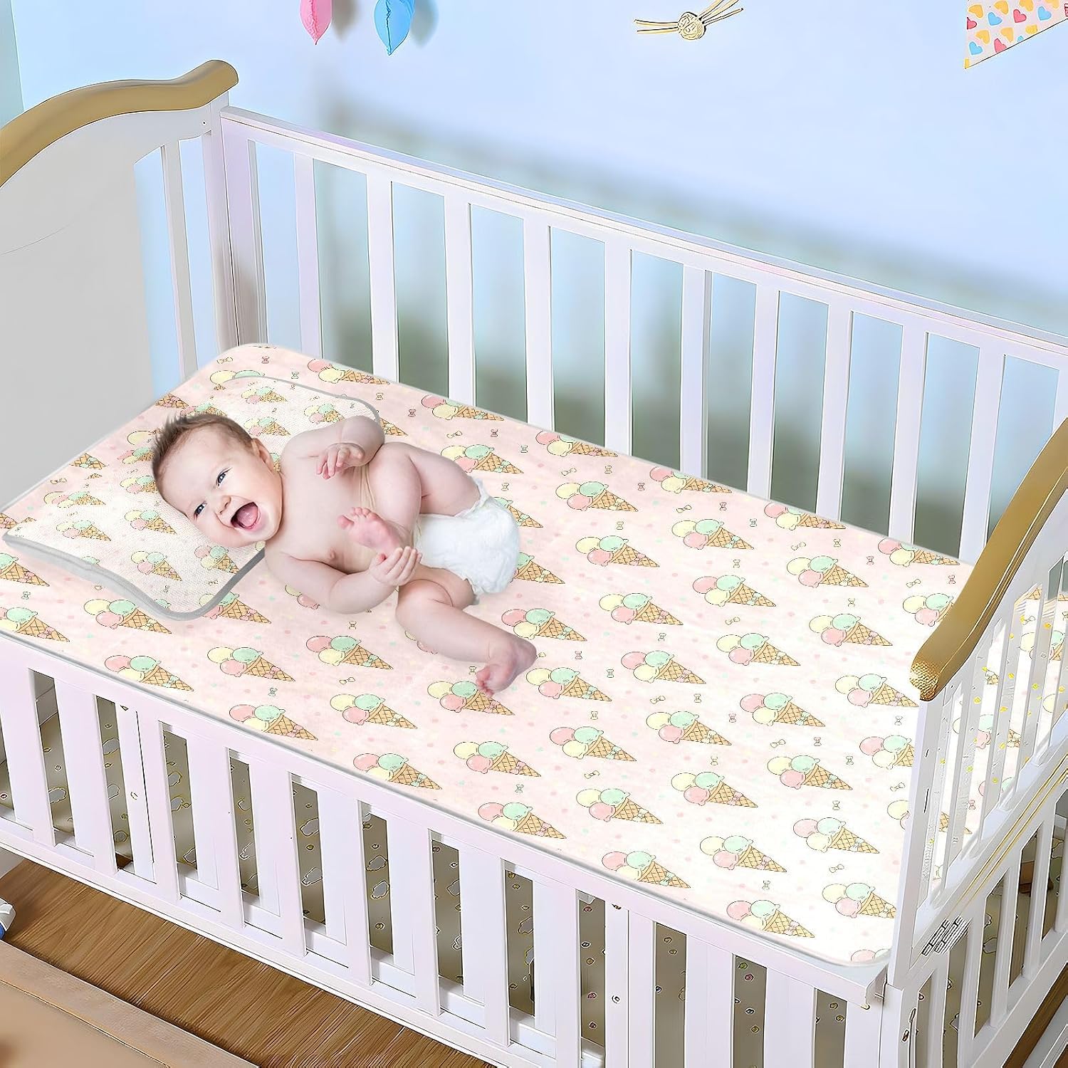 Baby Cooling Mat Ice Cream Cones Ice Silk Breathable Mesh Summer Crib Mattress Pad with Pillowcase, Soft Cooling Sleeping Surface for Infant & Toddler, 52"x28"