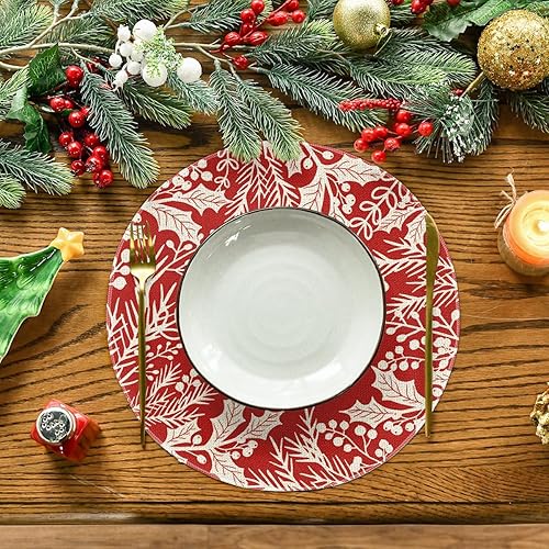 Miniatura 8 de Artoid Mode Juego de 4 manteles individuales de Navidad con hojas de eucalipto, bayas y bayas de 15 pulgadas, manteles redondos de invierno para