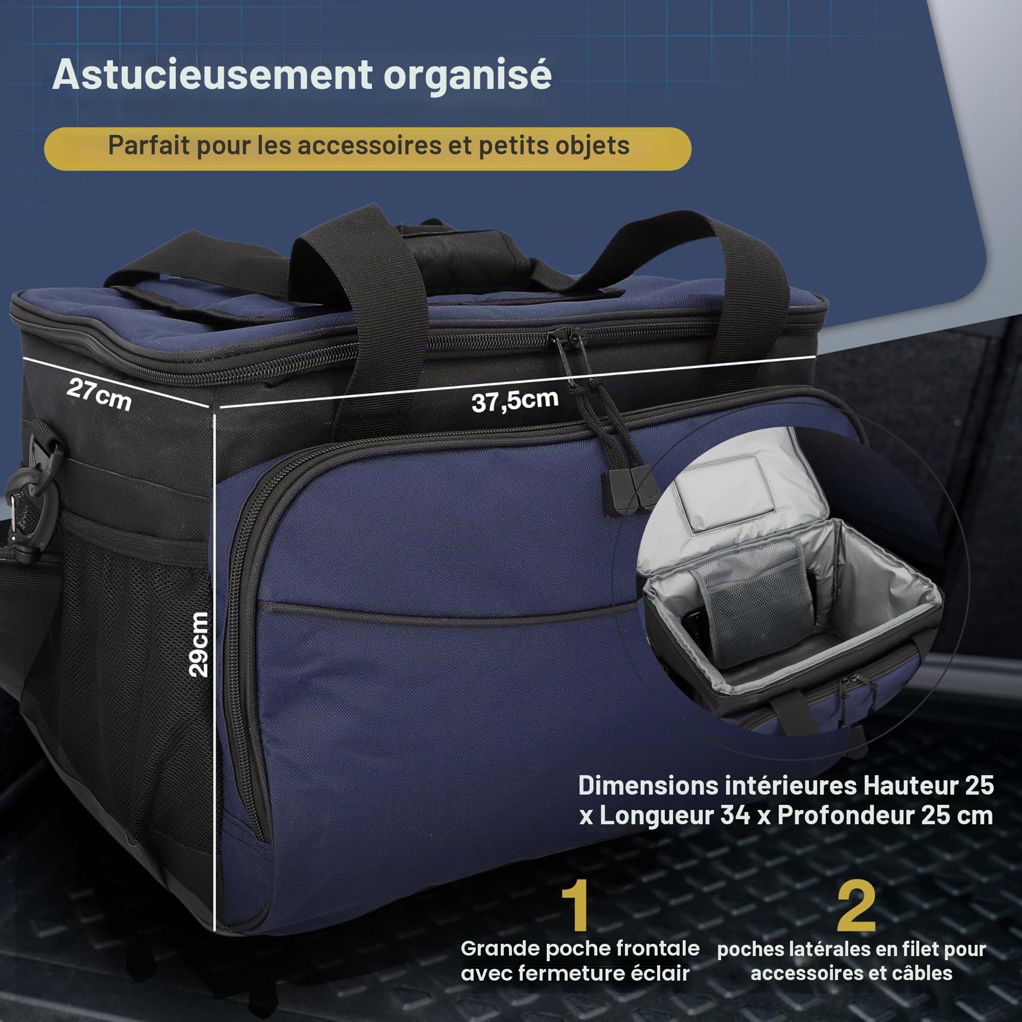 Cartrend Sac Isotherme de 30 l, avec câble de raccordement de 12 V de 1,50 m de Long, bandoulière réglable, Grande Poche Avant avec Fermeture éclair et 2 Filets latéraux, revêtement intérieur Facile