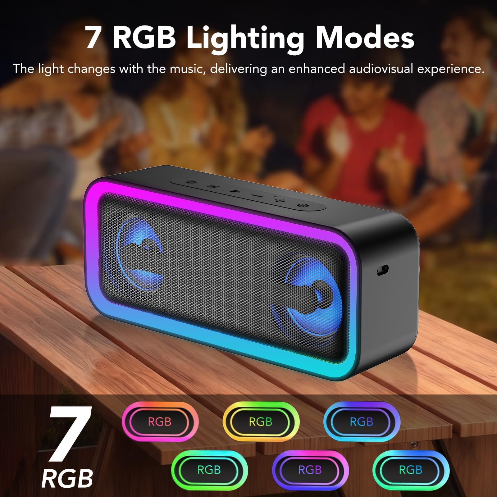 Altavoz Bluetooth Portátil Potente 40W, Altavoces Bluetooth 5.4 con Emparejamiento TWS,7 Cambios RGB, 30 H Reproducción, Impermeable IPX7, Speaker de Exterior para Viajes/Deportes/Fiestas/Ciclismo
