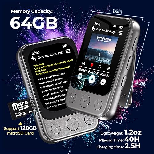 Miniatura 4 de Reproductor MP3 con clip de 64 GB con Bluetooth 5.3, altavoz integrado, pantalla táctil HD de 2 pulgadas, radio FM, grabadora de voz, reproductor de