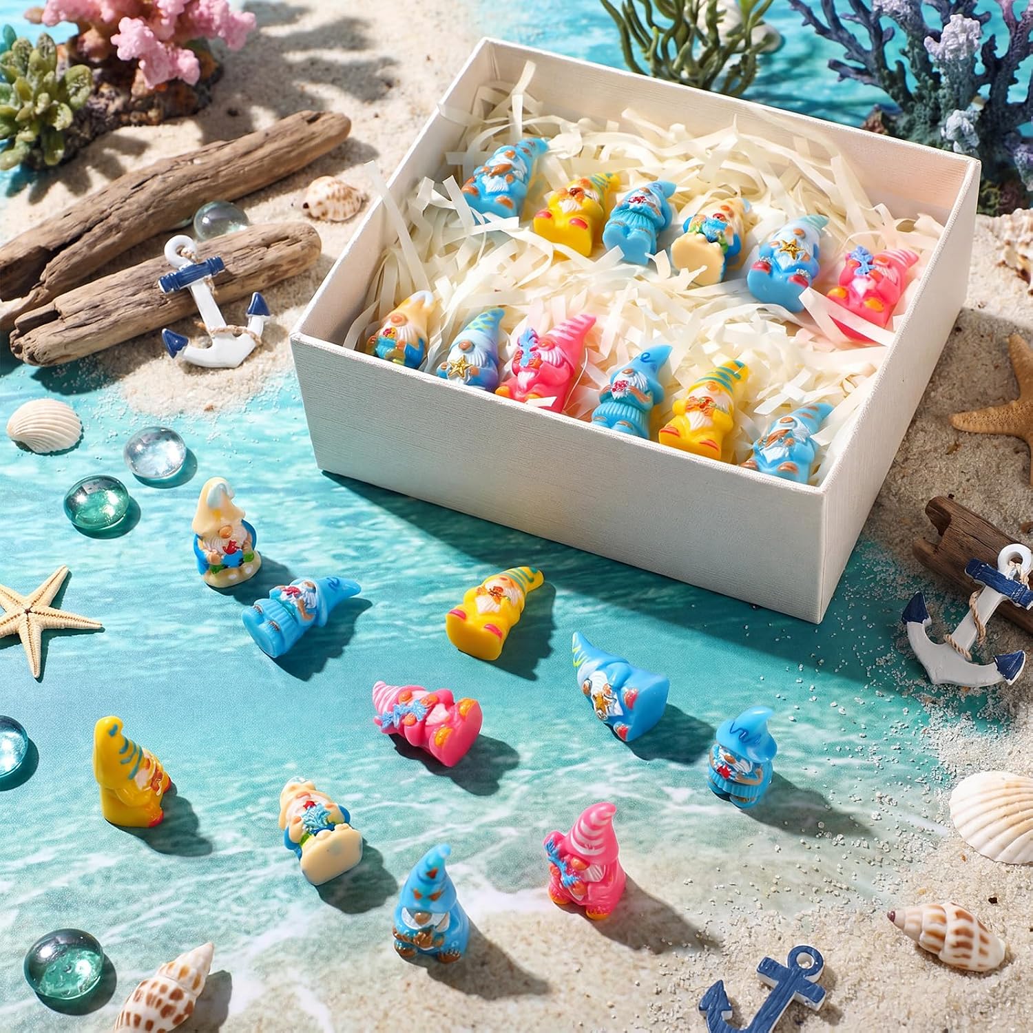 Yaomiao 60 Pcs Mini Summer Ocean Gnomes Figurines Summer Starfish Coral Shell Miniature Tiny Resin Statues Gnomes Figures Resin Gnome Decorations for Beach Hawaiian Party Favor Gift Tiered Tray Decor image 4