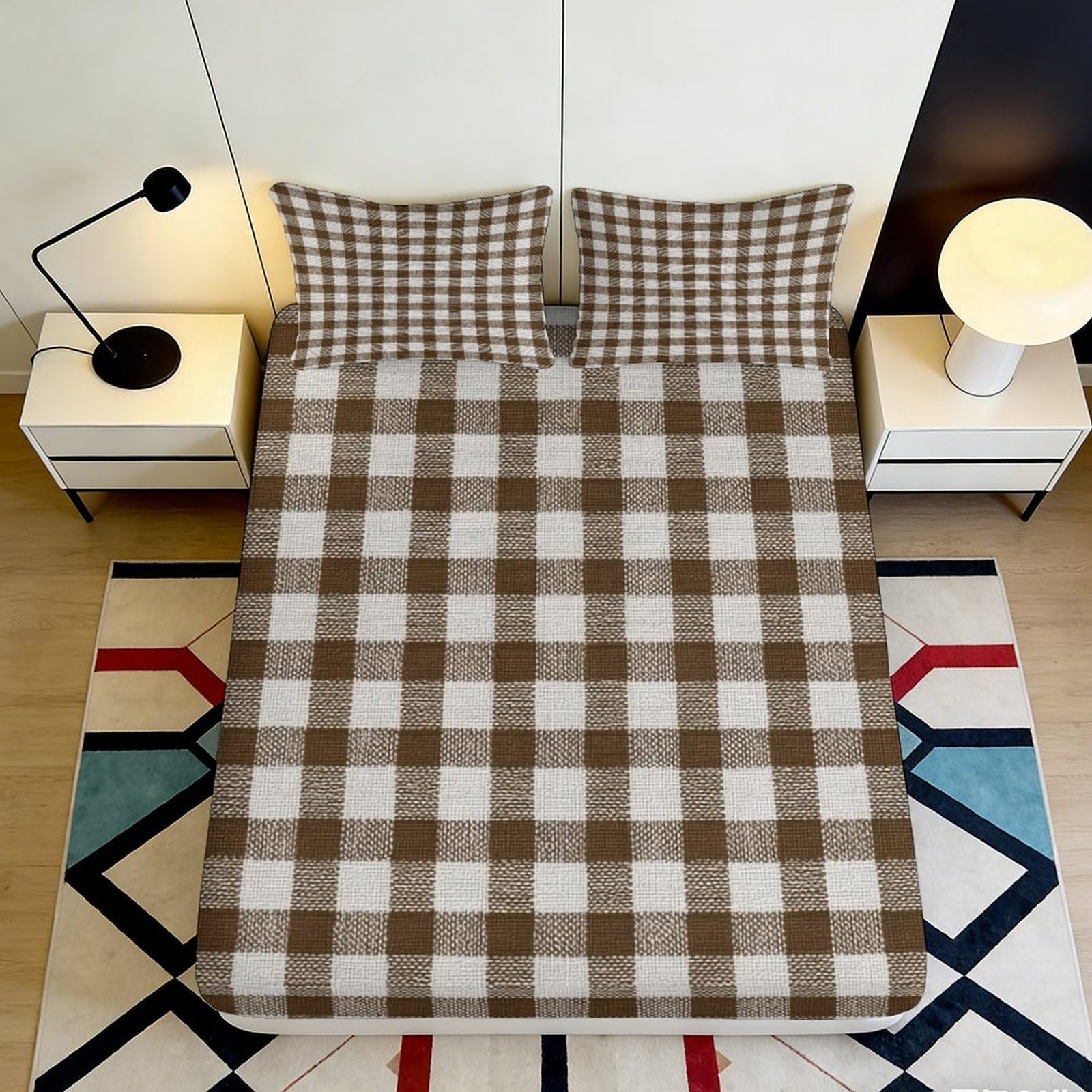 3D Printed Brown Plaid Fitted Sheet Microfiber Soft Breathable Checkered Bed Cover for Bedroom Guestroom Mattress Protection 90x200x25cm