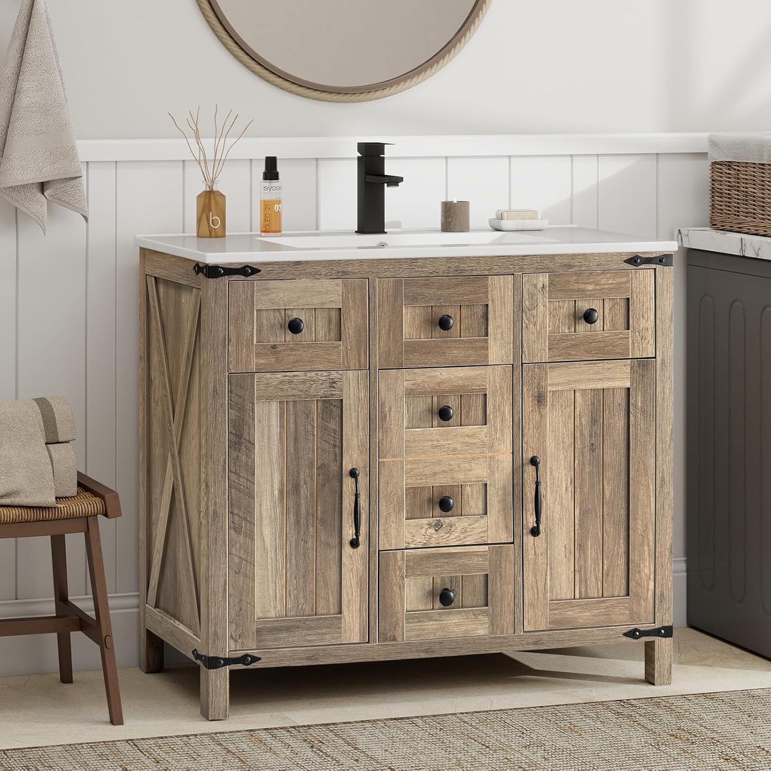 YOURLITE 36" Farmhouse Bathroom Vanity with Sink Combo, Rustic Vanity Cabinet with Ceramic Under Mount Sink Combo with Faucet and Pop-up Drain Set, Four Sliding Drawers, Adjustable Shelf, Rustic Brown